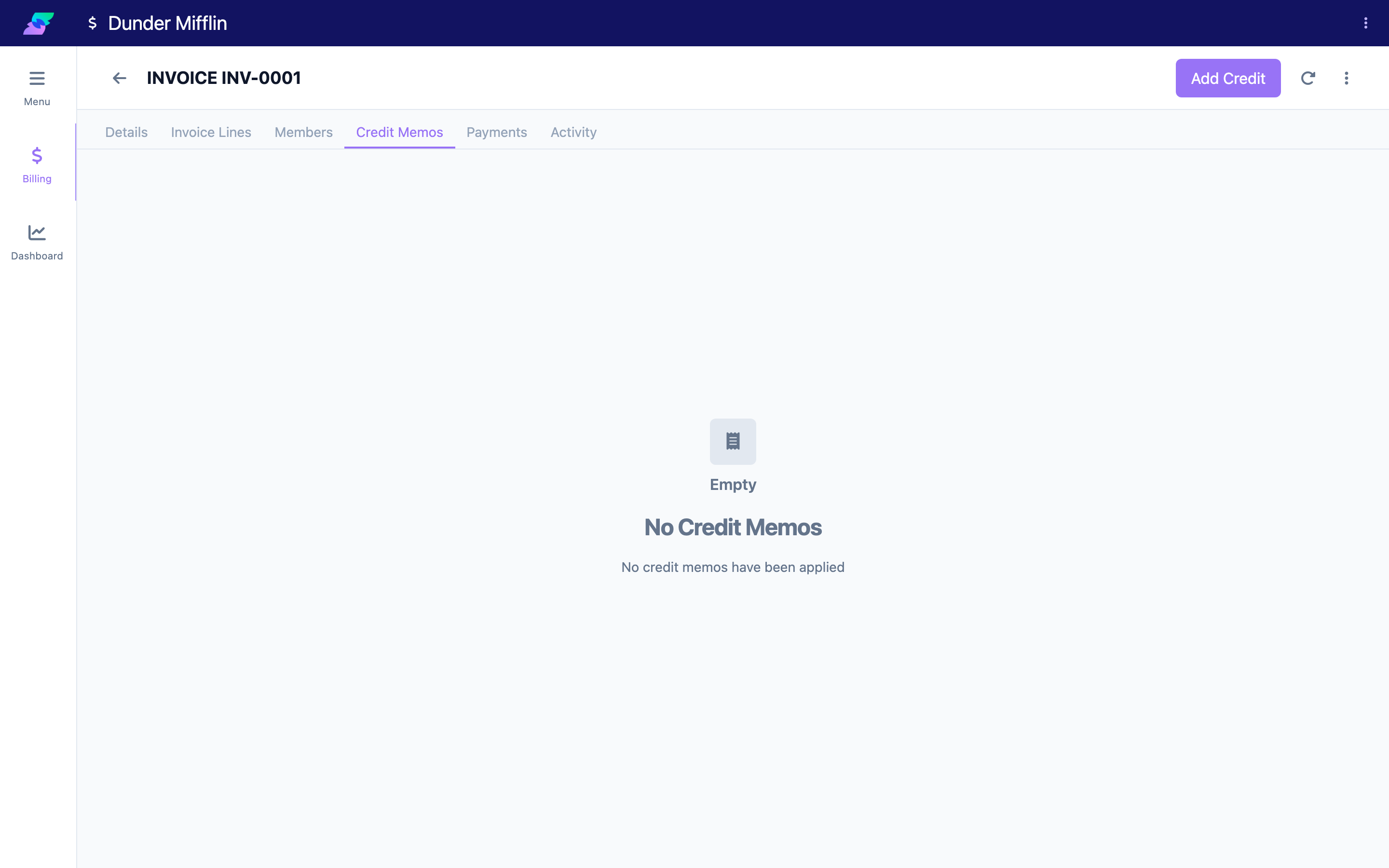 Credit Memos tab (empty in this demo invoice — a populated tab lists each credit memo with a Void action)