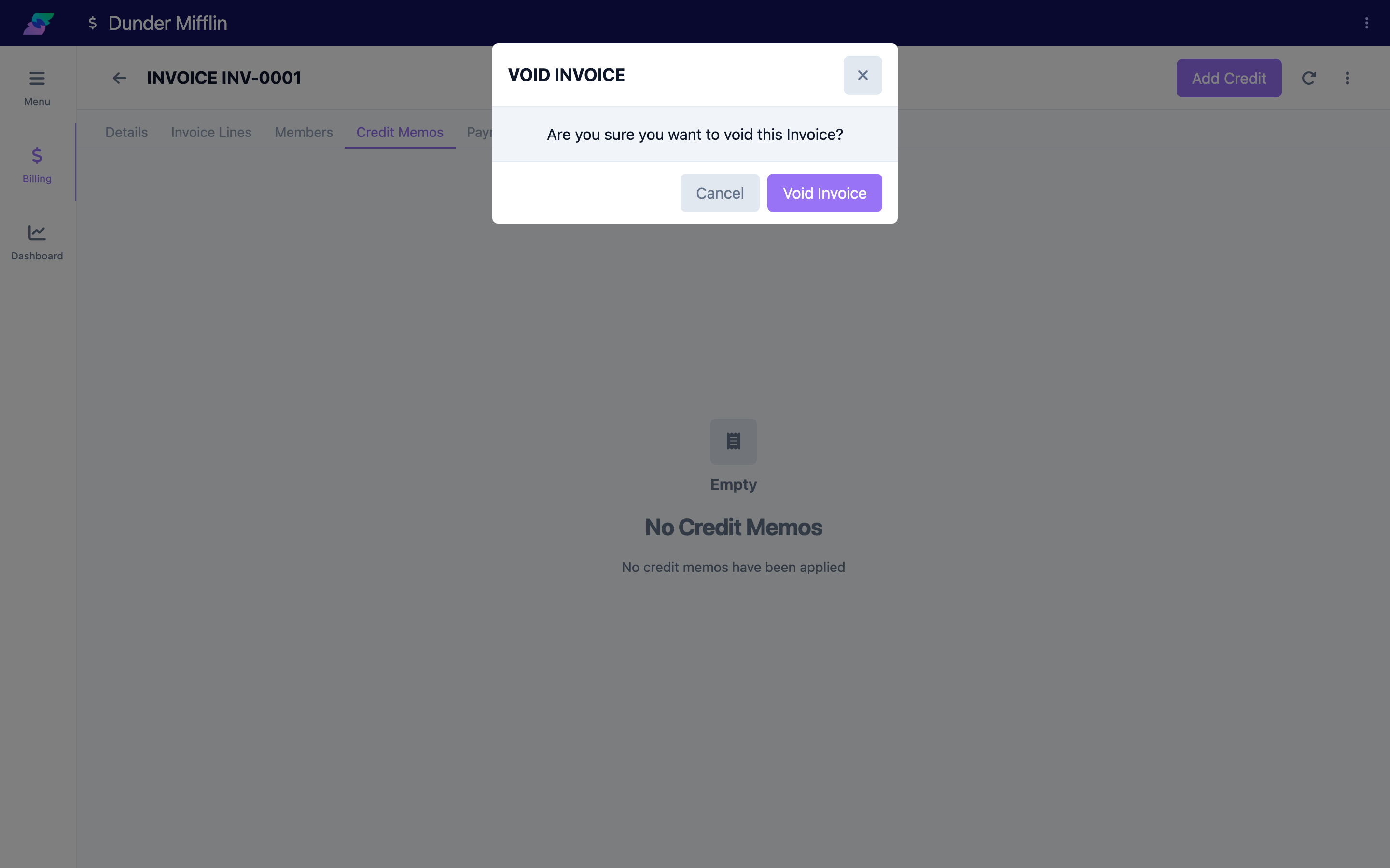 Void Invoice confirmation dialog