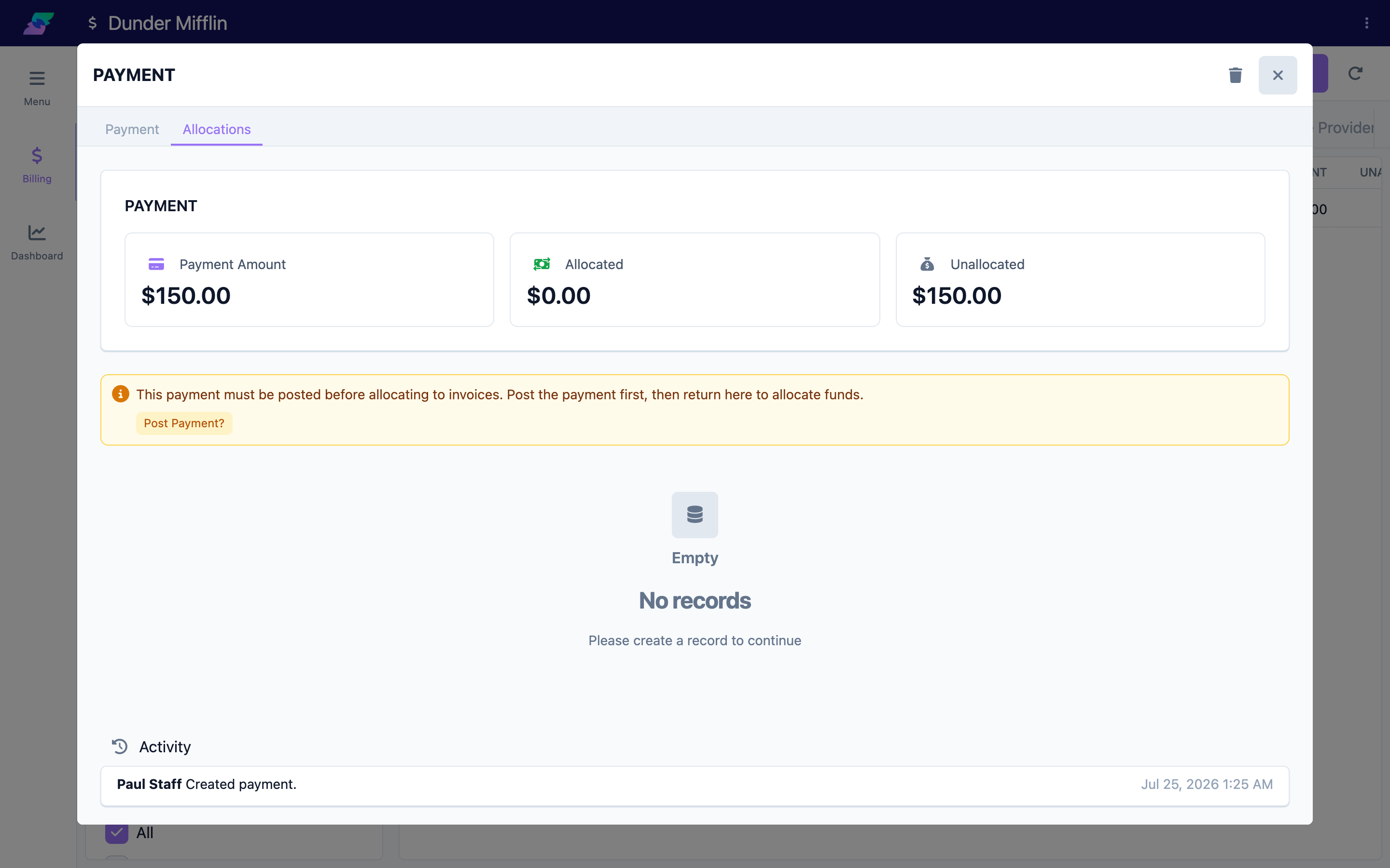 Payment window with the Allocations tab selected