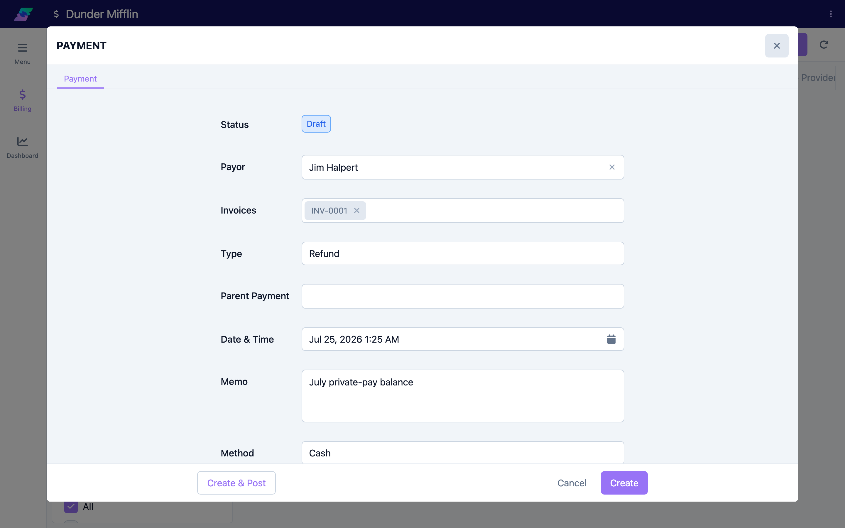 New payment with Type set to Refund and a Parent Payment selected