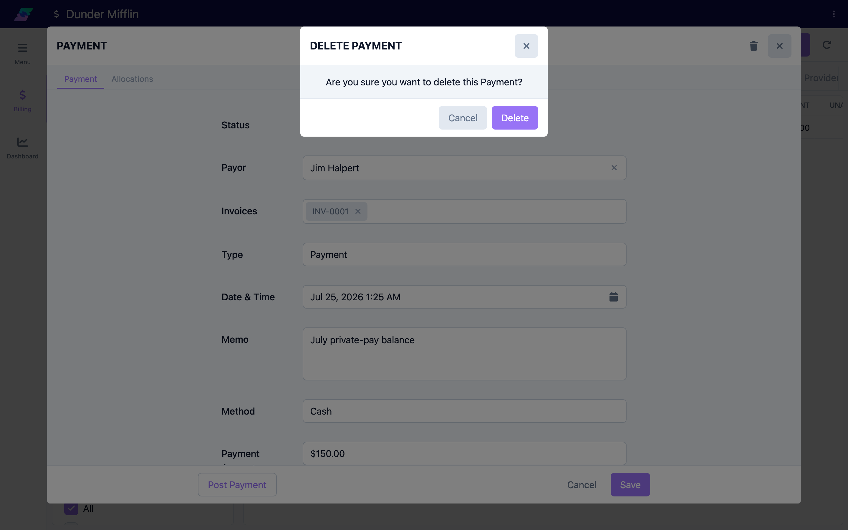 Deleting a draft payment to re-record it under the correct payor