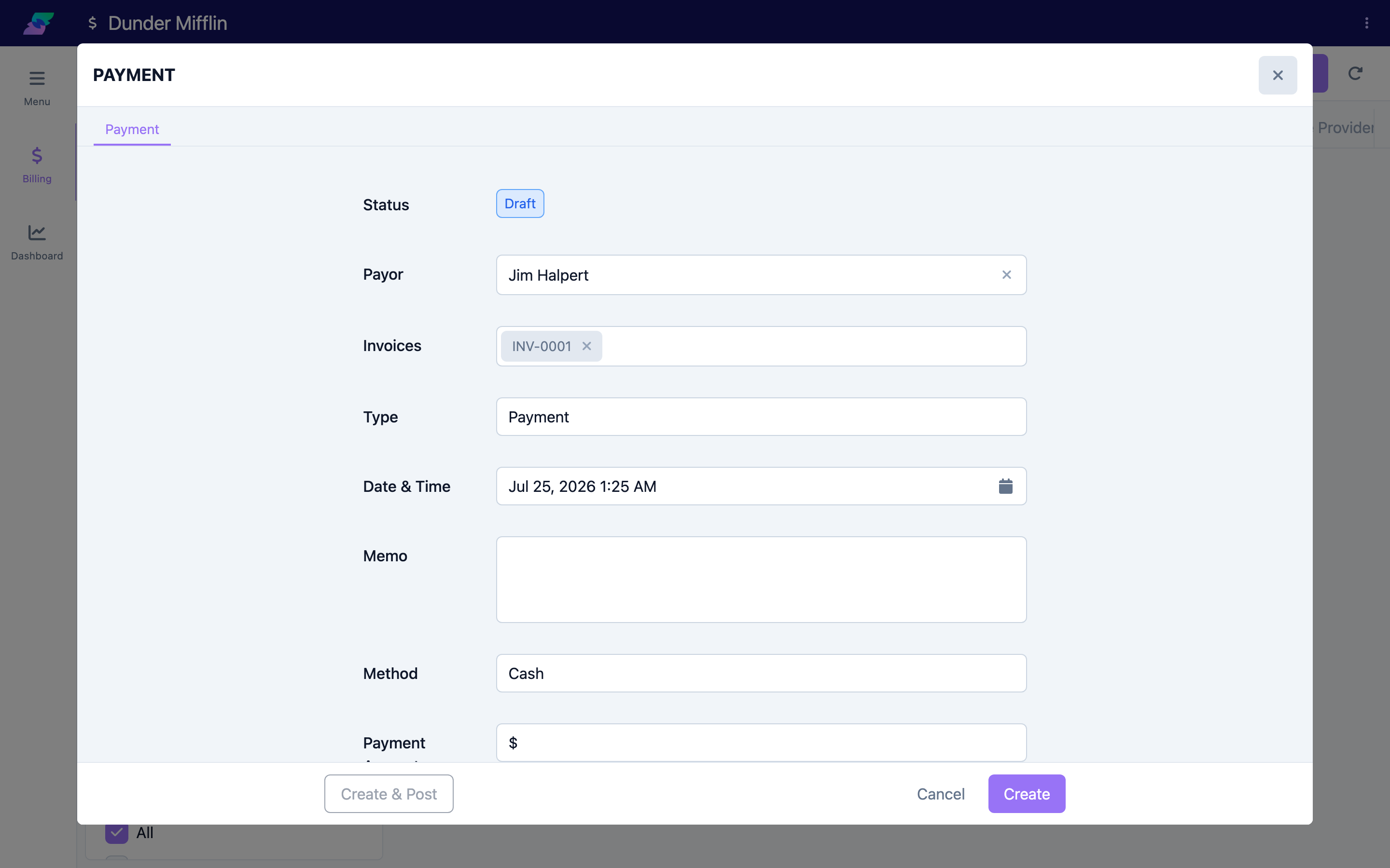 Payor and Invoices selection fields on the payment form