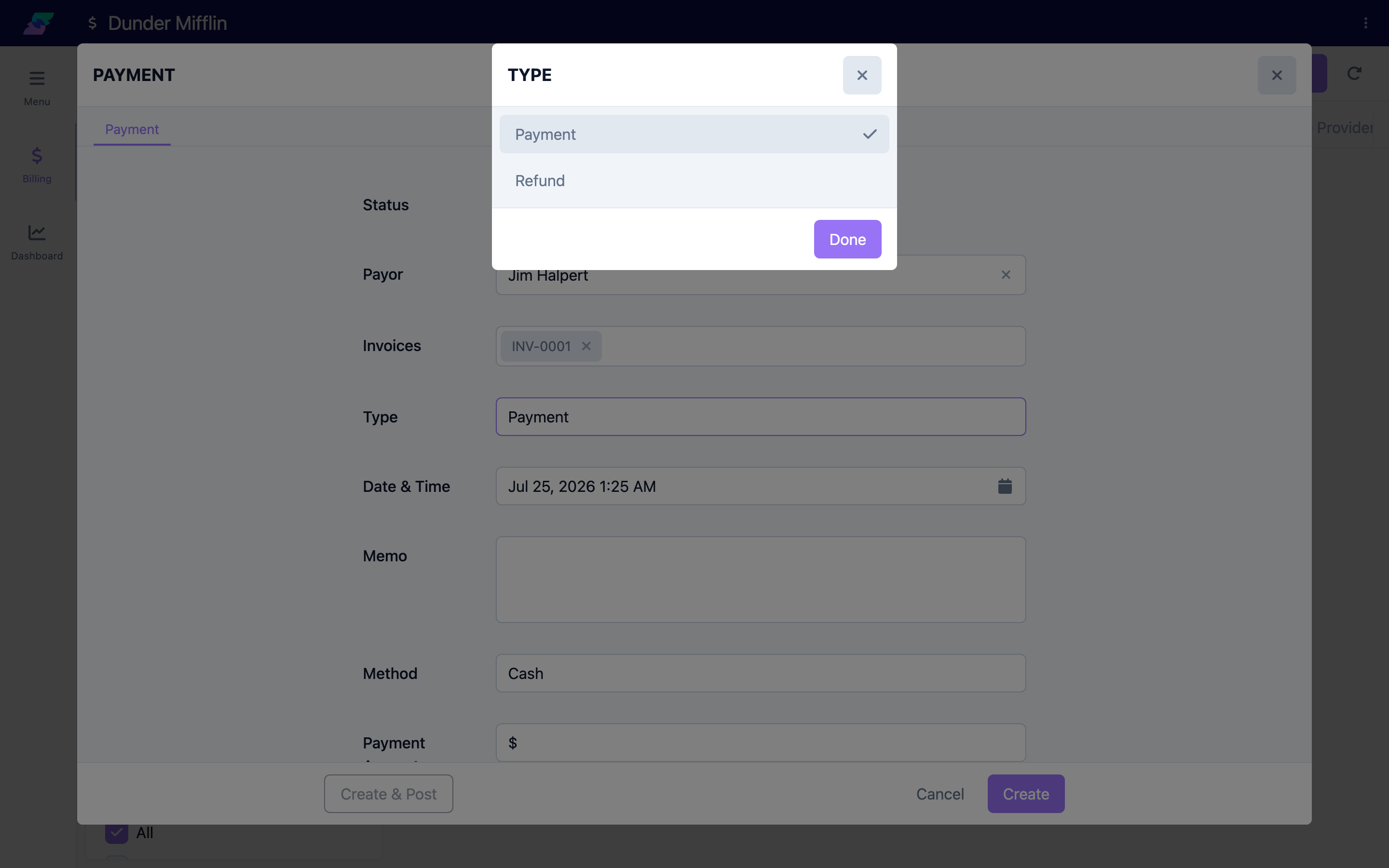 Type field set to Payment, with Refund as the alternate option