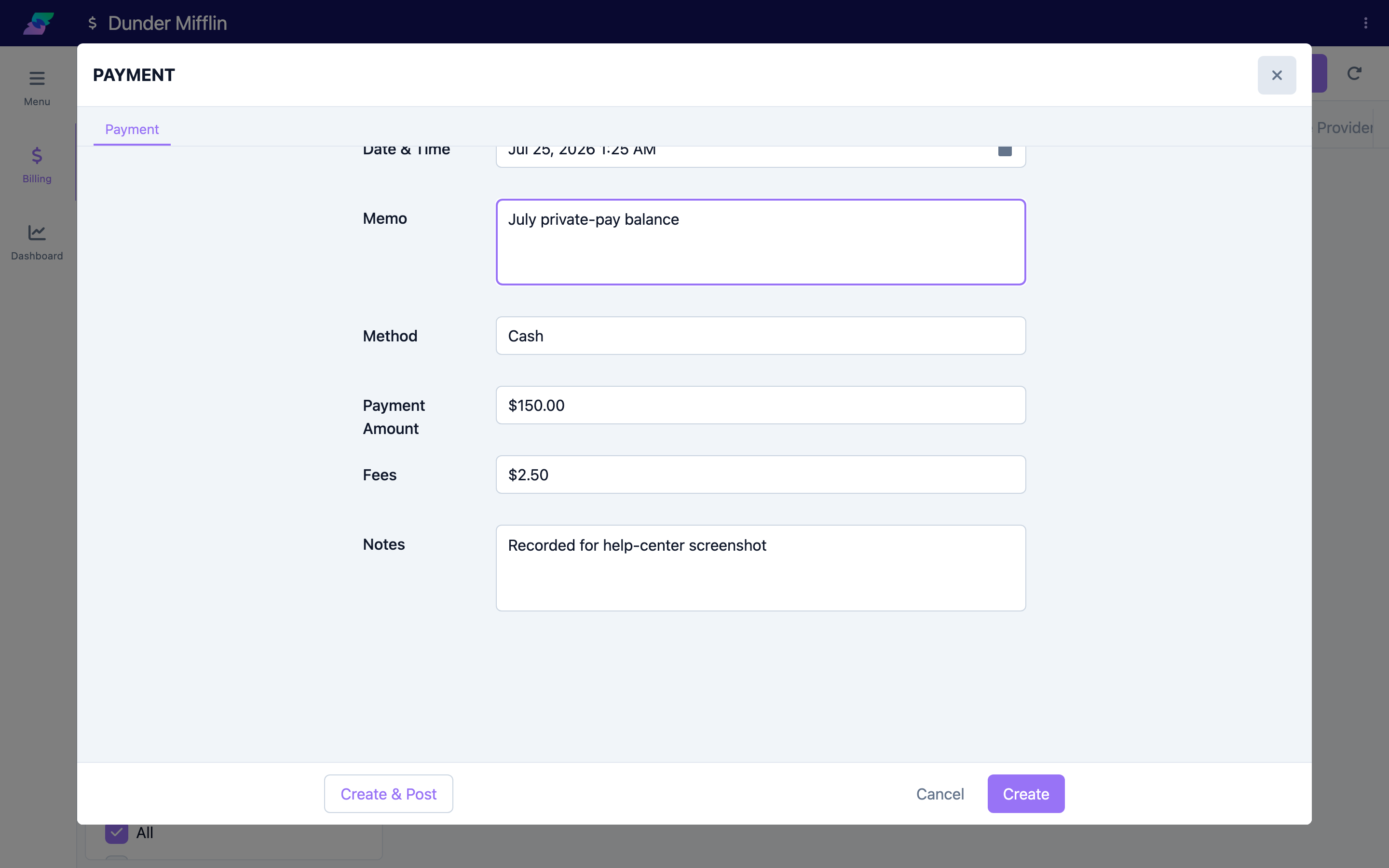 Date & Time, Method, Payment Amount, Fees, and Notes fields completed