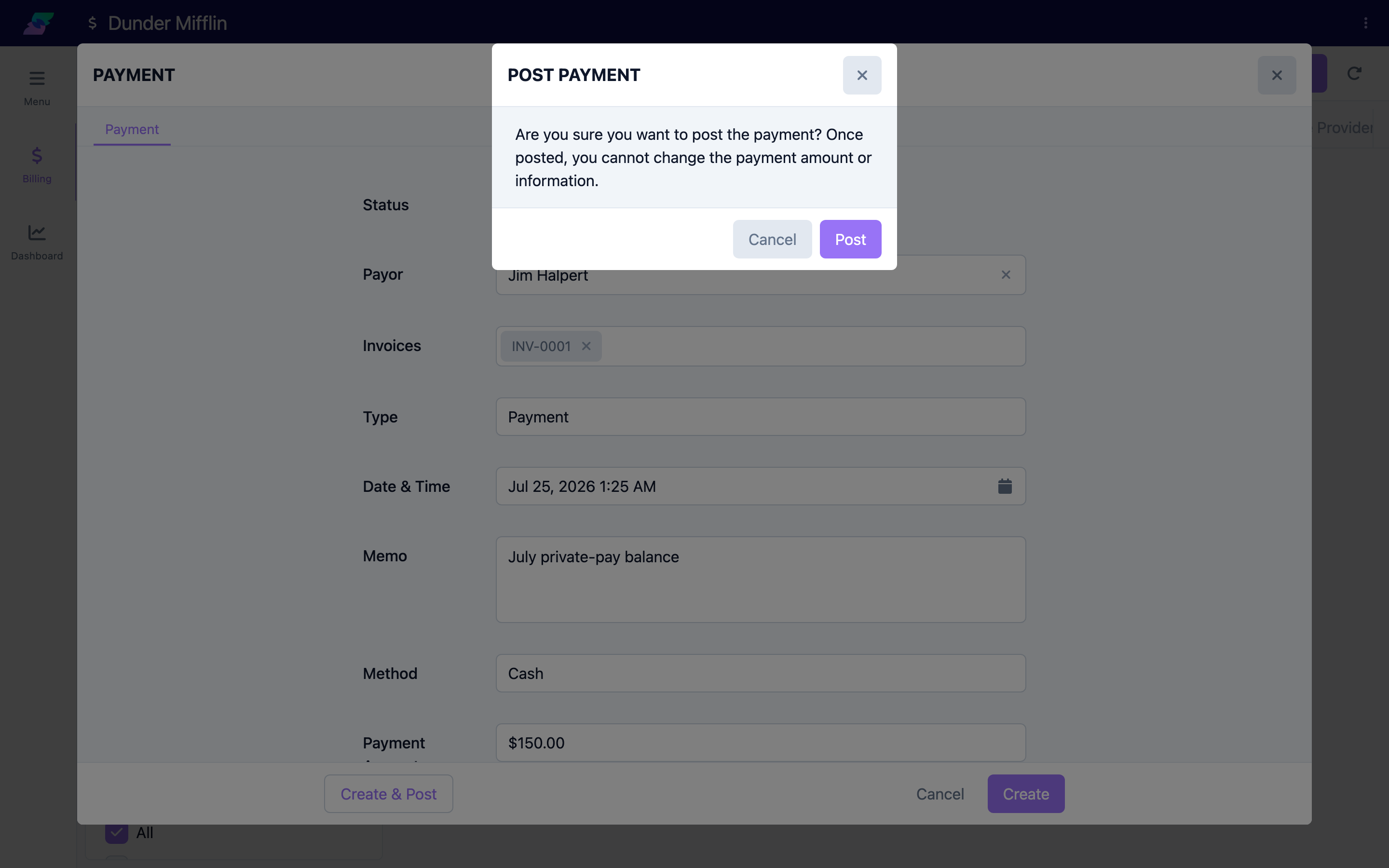 Post Payment confirmation dialog with Post and Cancel buttons