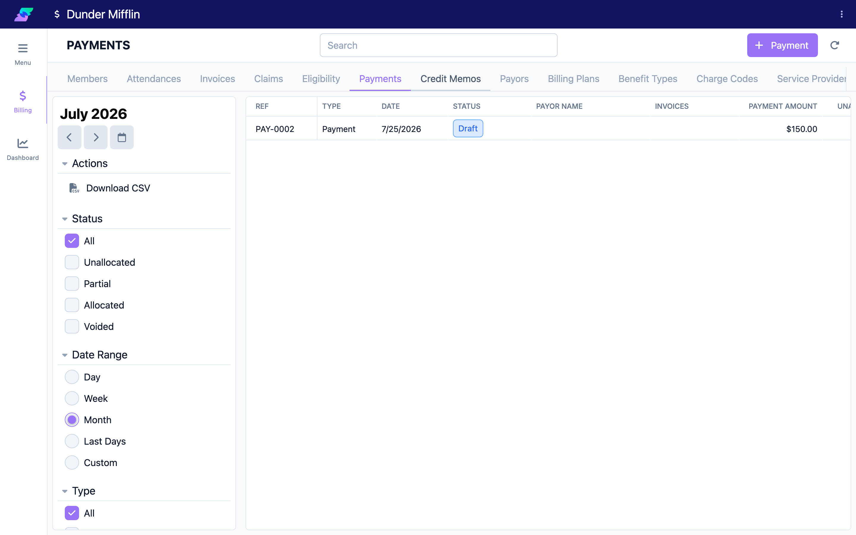 Payments list with the Status column, showing a payment in Draft status