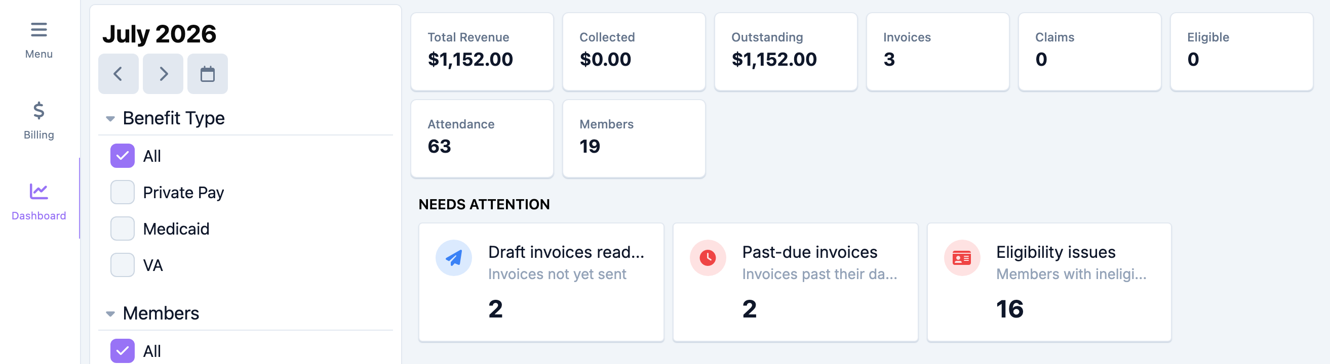 Billing Dashboard filters for Benefit Type and Members