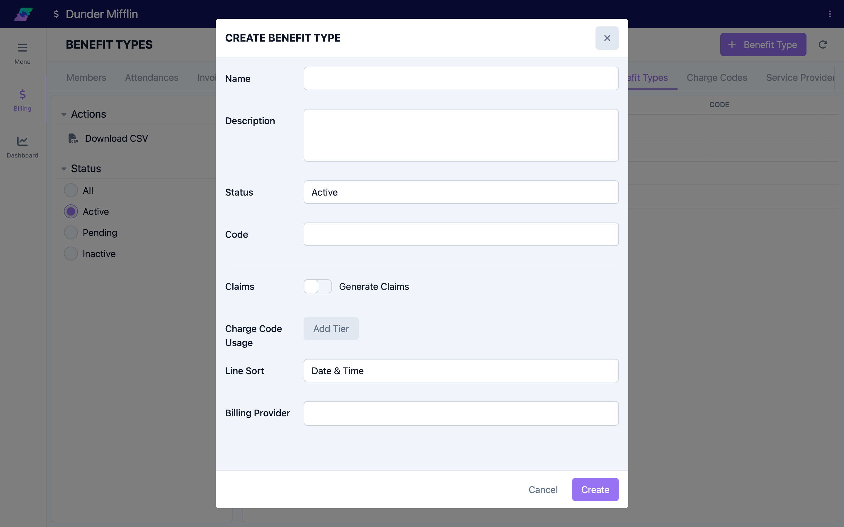 The benefit-type form showing Name, Description, Status, and Code