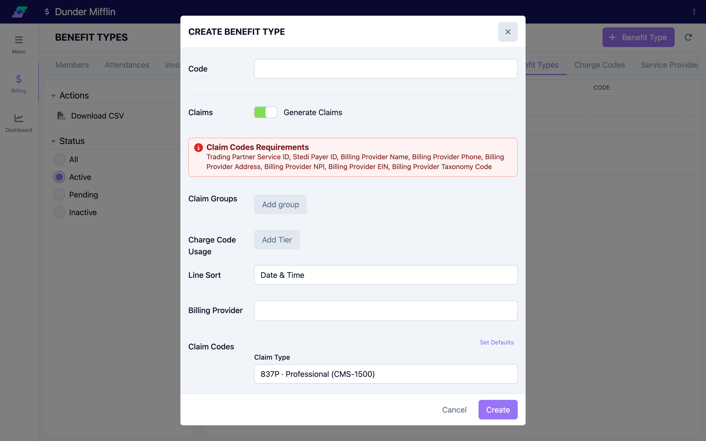 The Claims toggle and the Claim Type field in the Claim Codes section