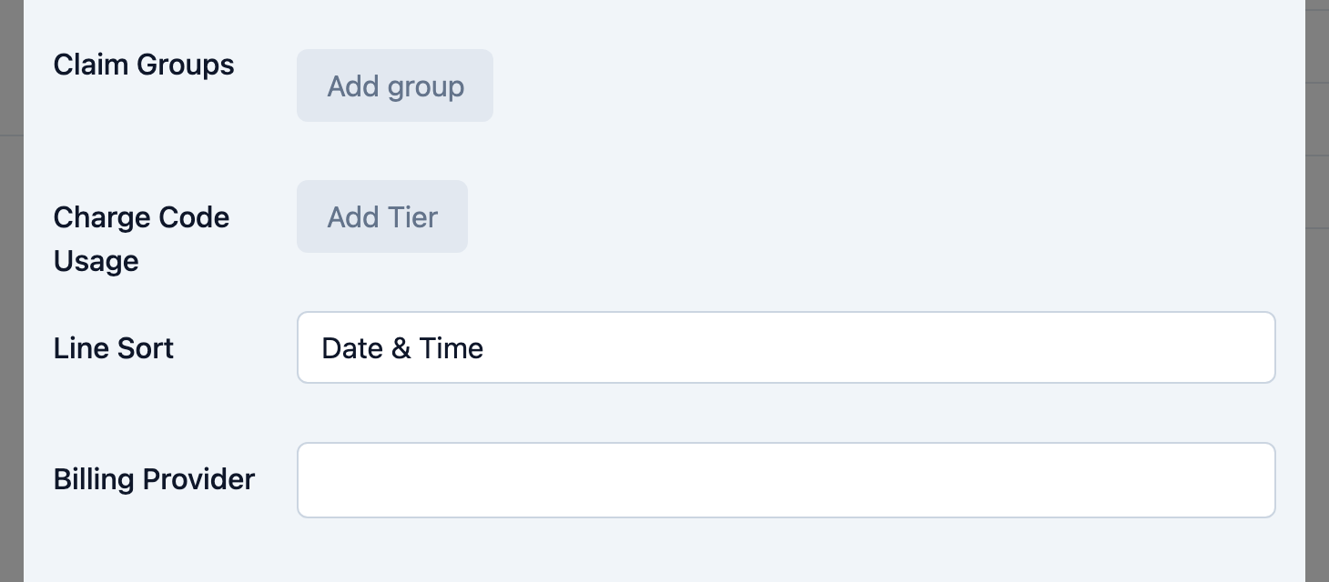 The Claim Groups, Charge Code Usage, Line Sort, and Billing Provider fields