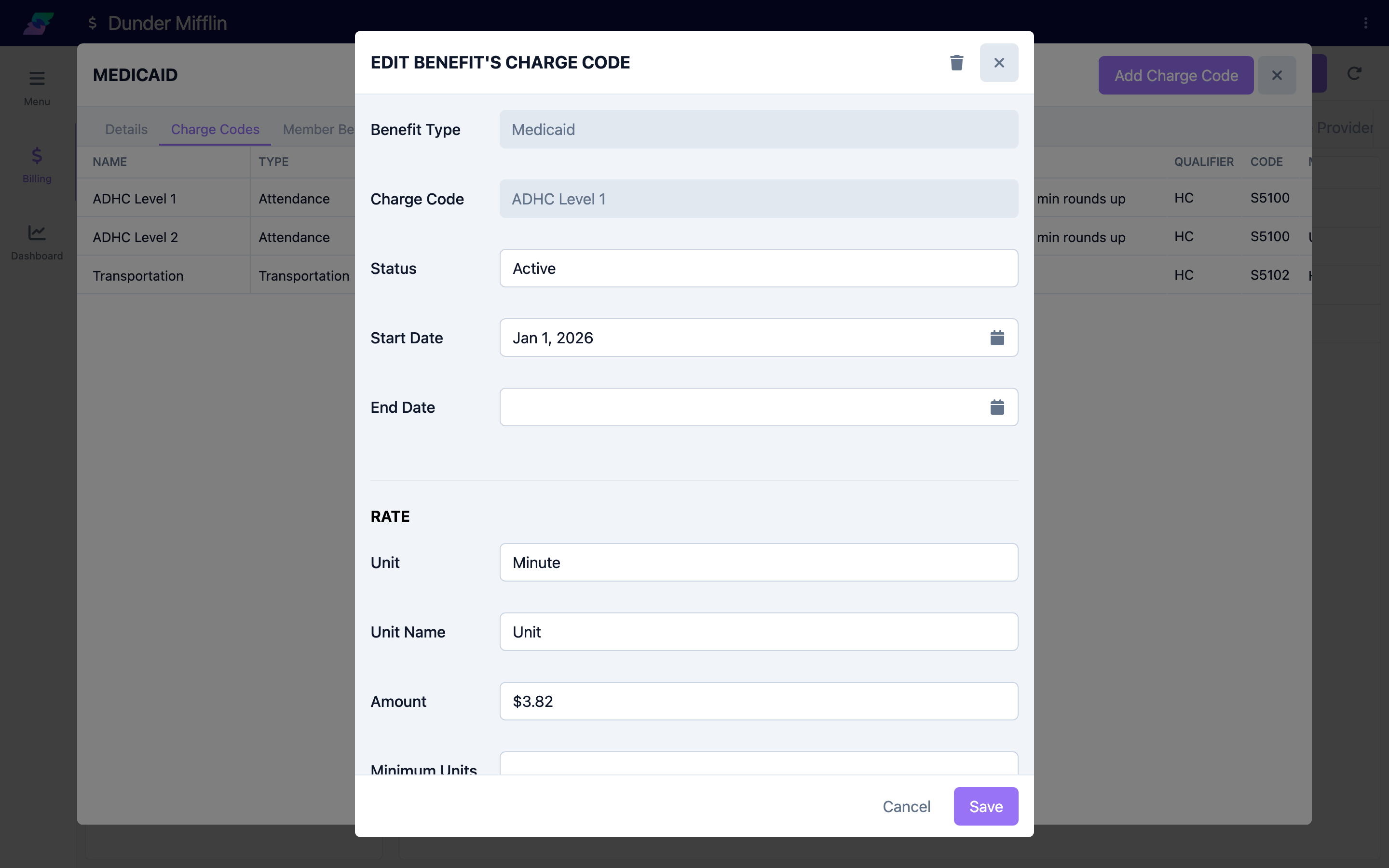 The benefit type Charge Codes tab with an effective-dated rate link