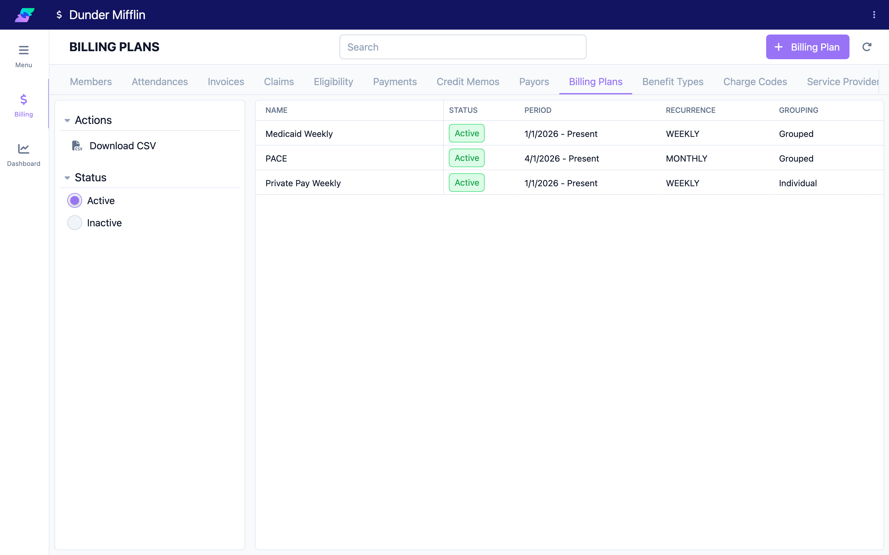 The Billing Plans tab with the Billing Plan add button