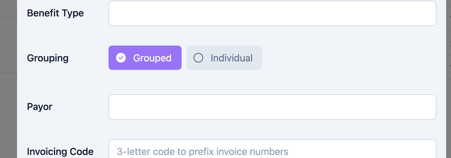The Benefit Type, Grouping, and Payor fields
