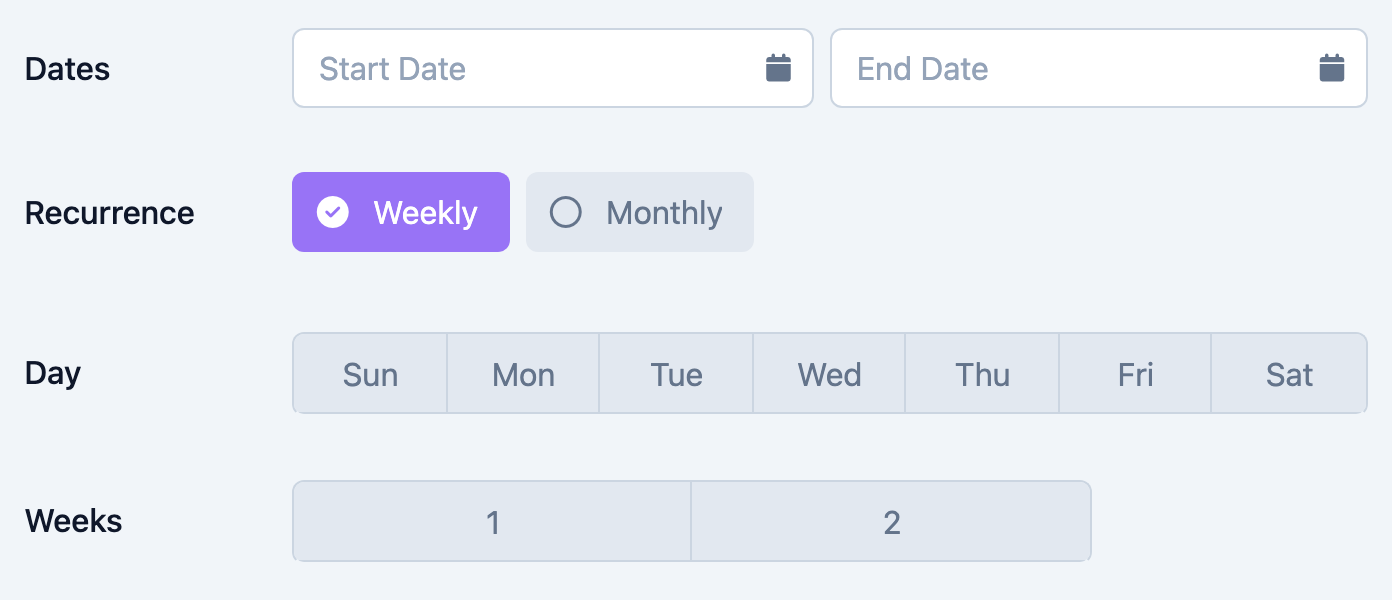 The recurrence schedule with Start Date, Recurrence, and Day or Dates