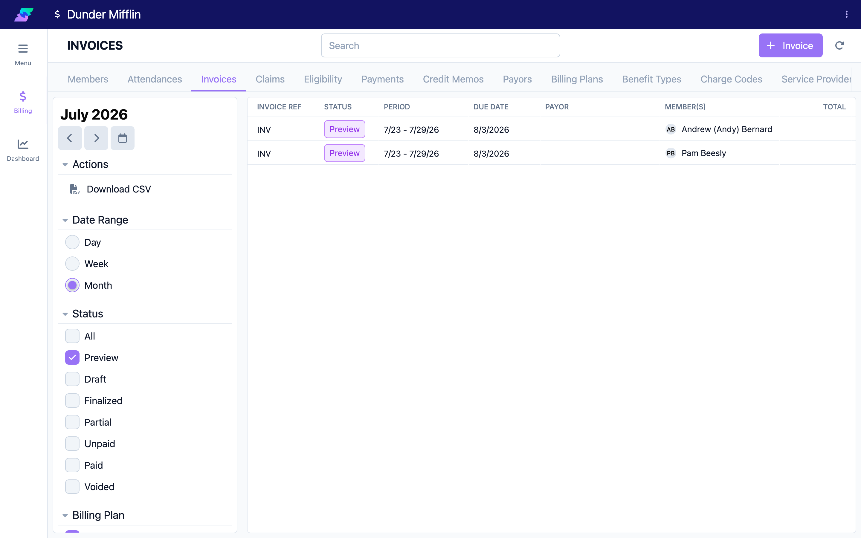 Saving the plan and the resulting invoice previews
