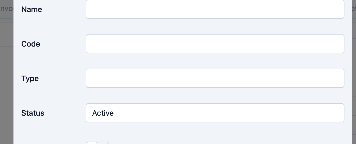 The charge-code form showing Name, Code, and Type fields