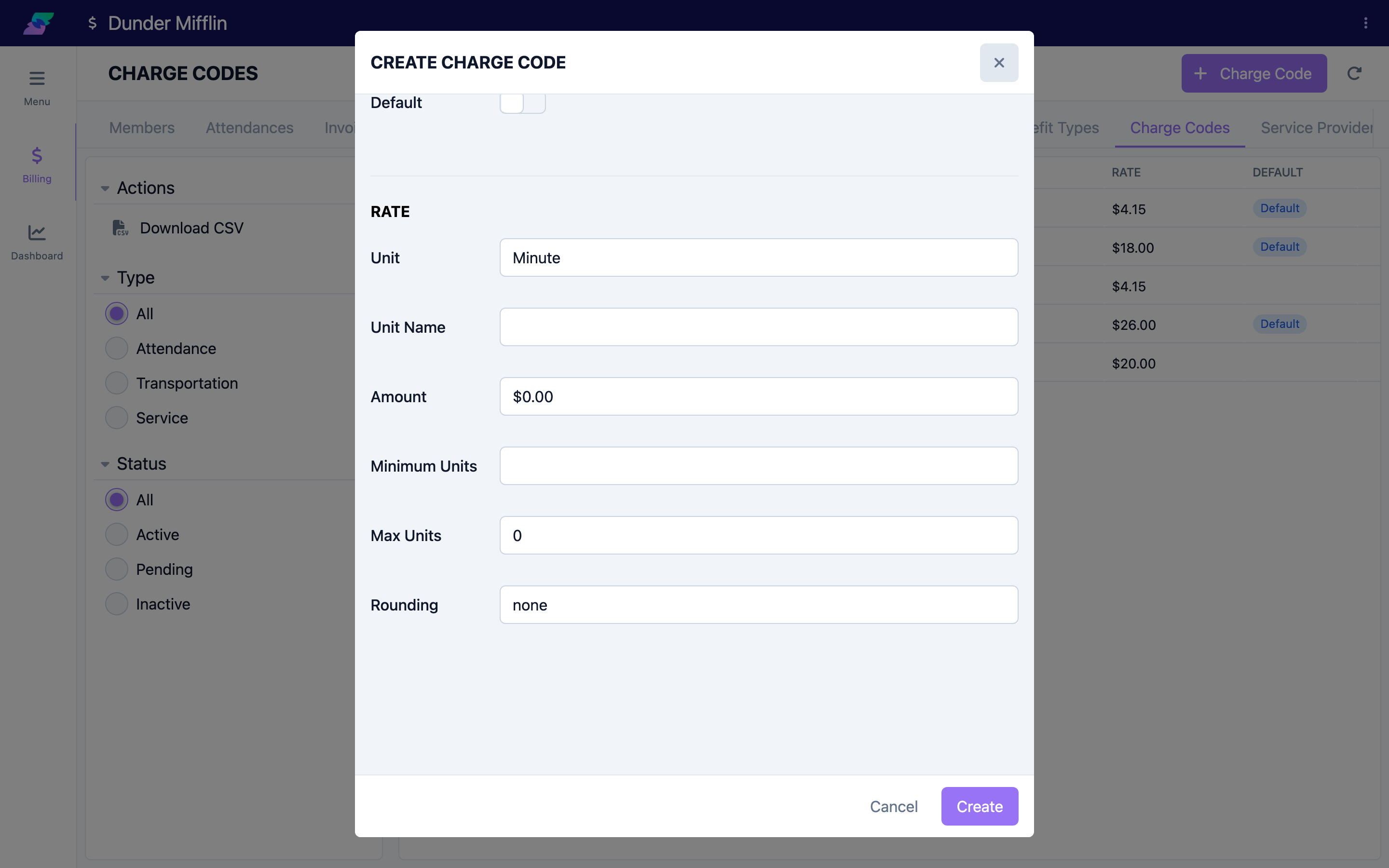 The Rate section with Unit, Unit Name, Amount, and rounding fields