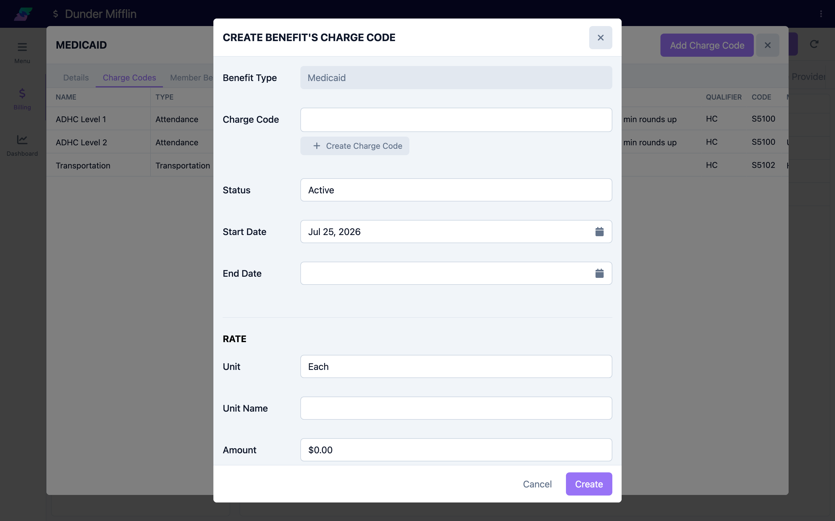 Adding a charge code to a benefit type's Charge Codes tab