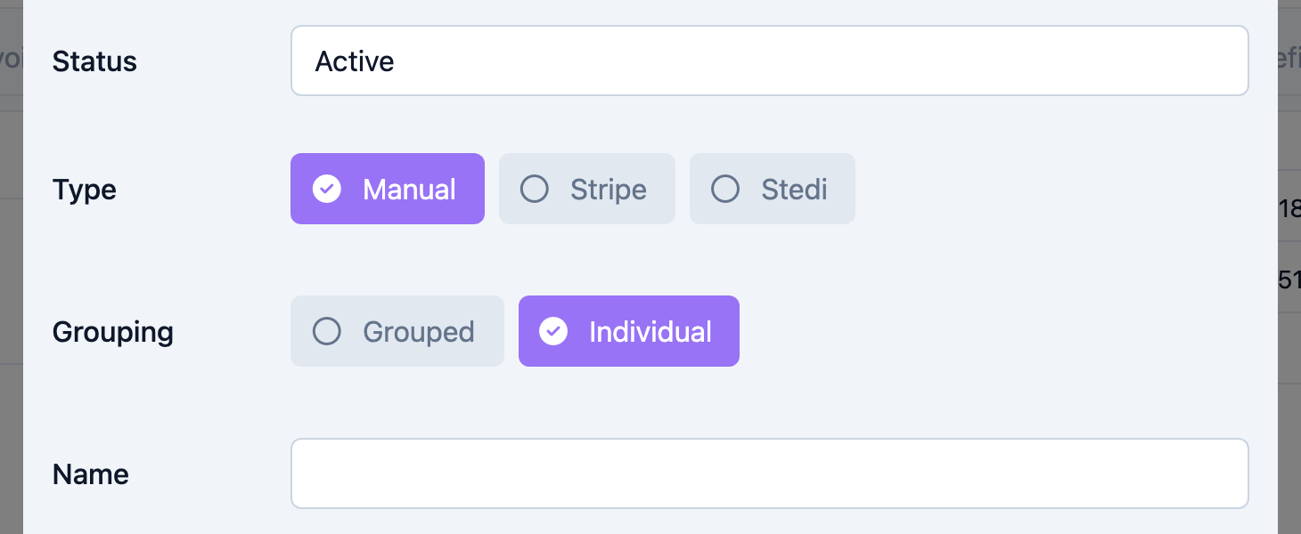 The payor form showing the Status and Type options