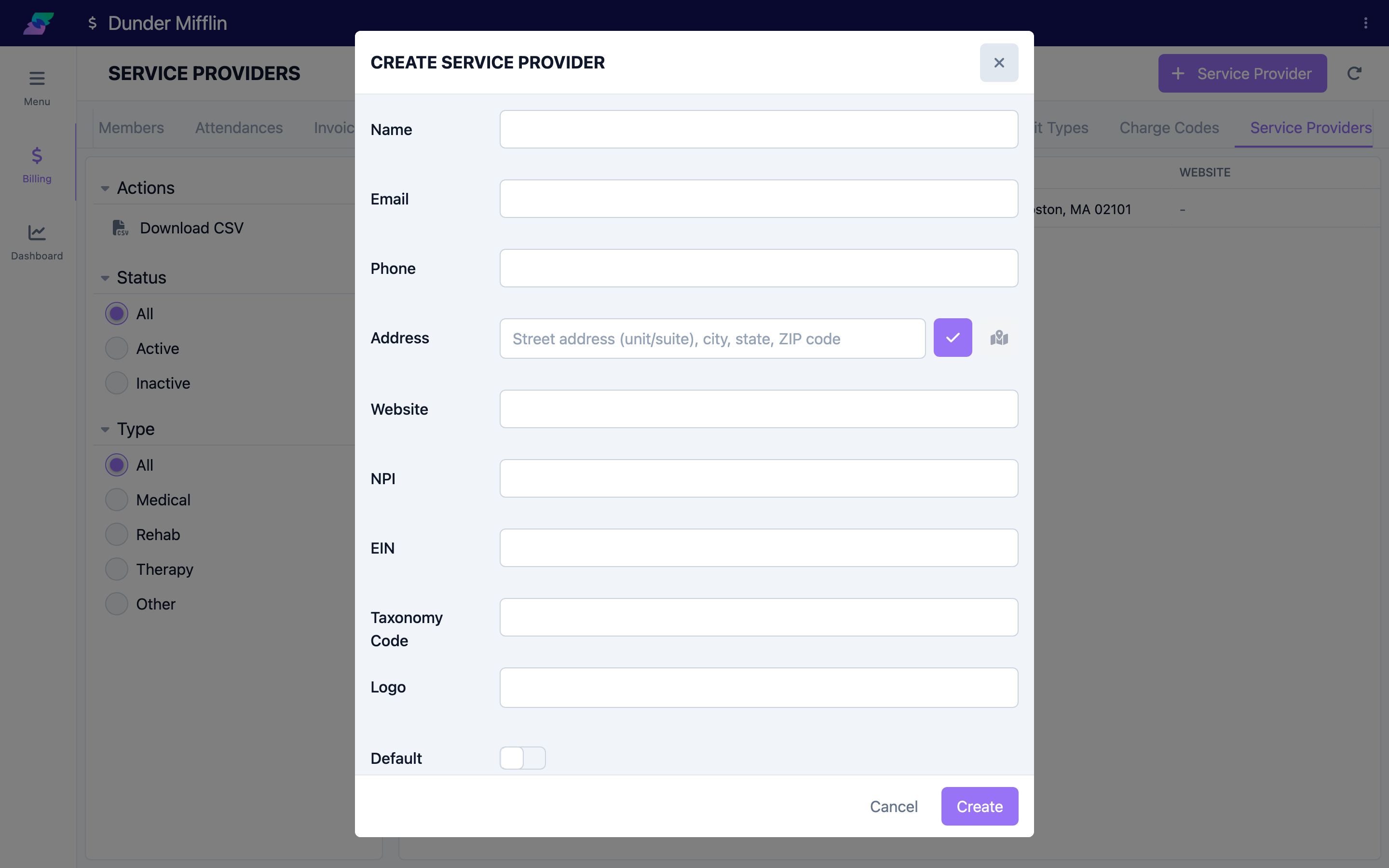 The service-provider form showing Name, Email, Phone, Address, and Website