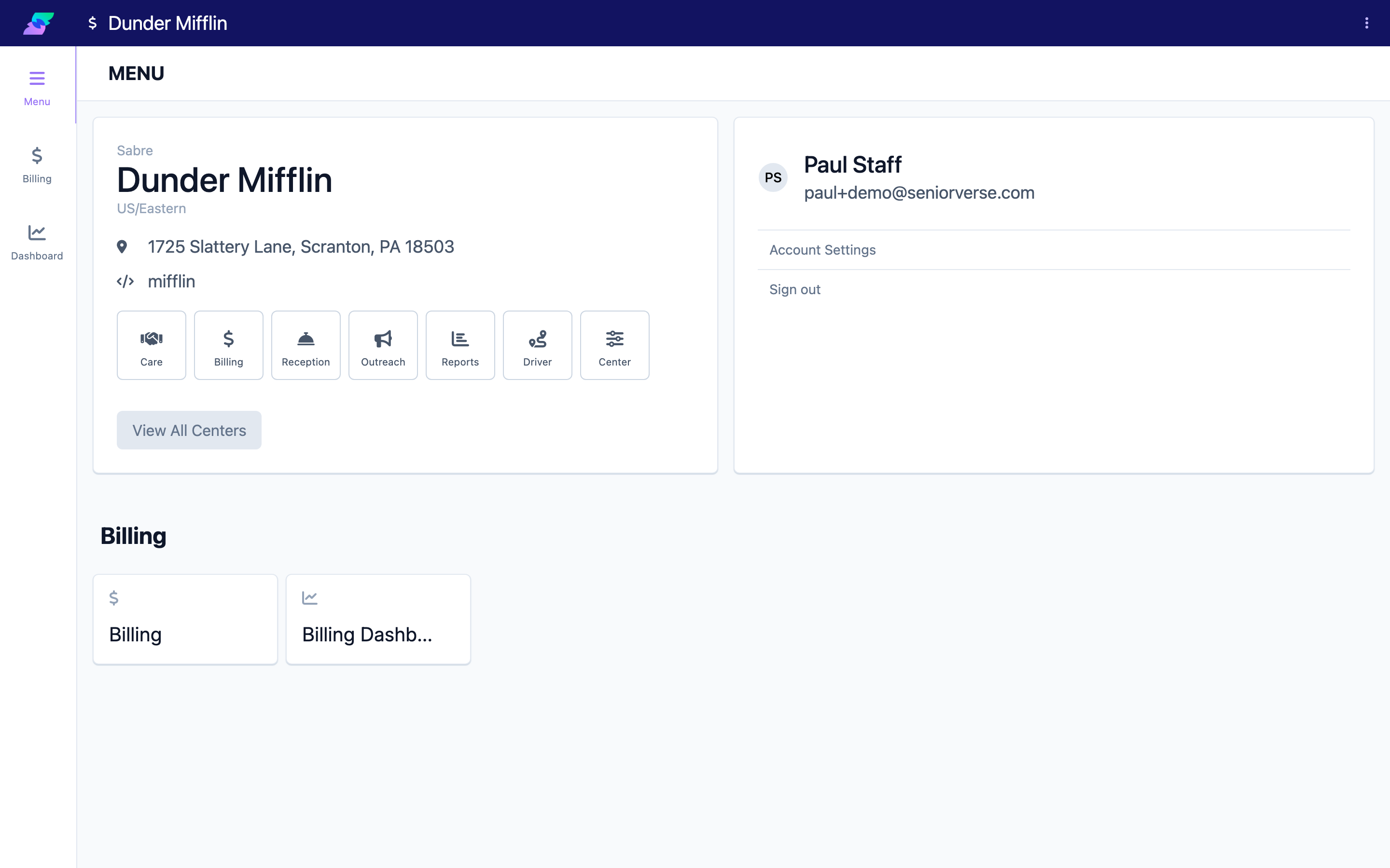 Billing navigation menu showing Menu, Billing, and Billing Dashboard