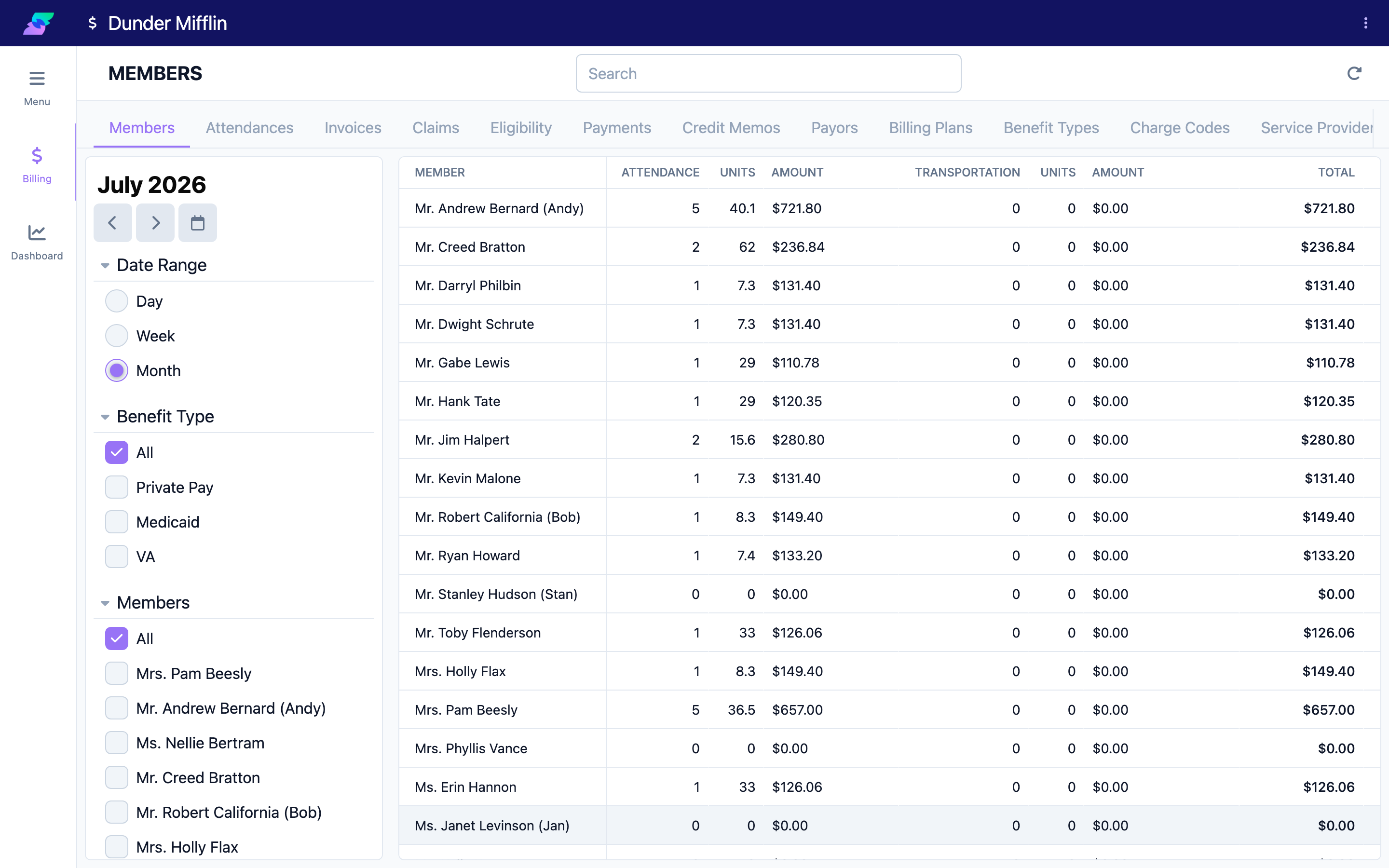 The Billing page open on the Members tab with the row of 13 tabs