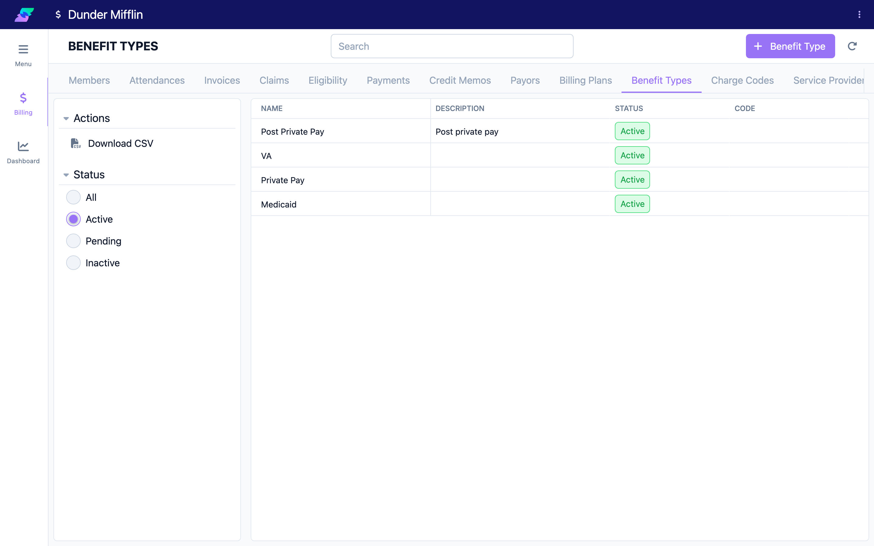 The Payors, Benefit Types, and Charge Codes setup tabs