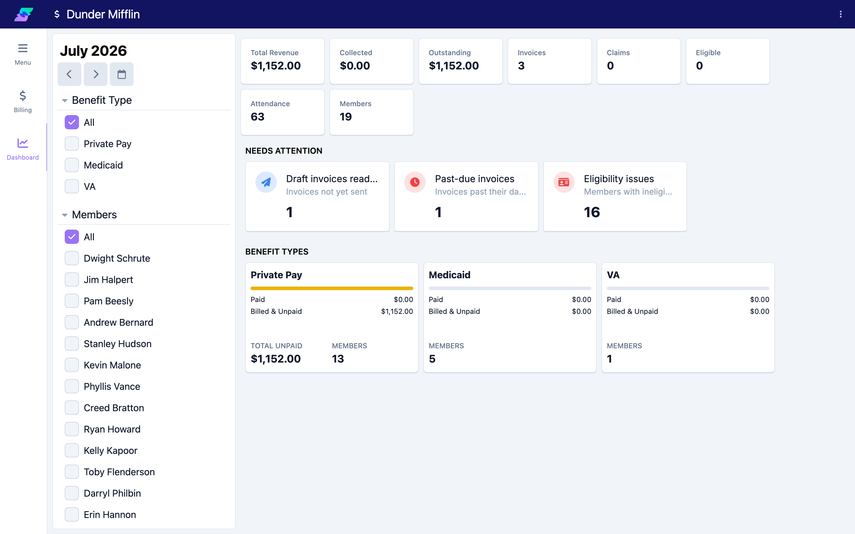 The Billing Dashboard with totals, benefit-type breakdown, and alert cards
