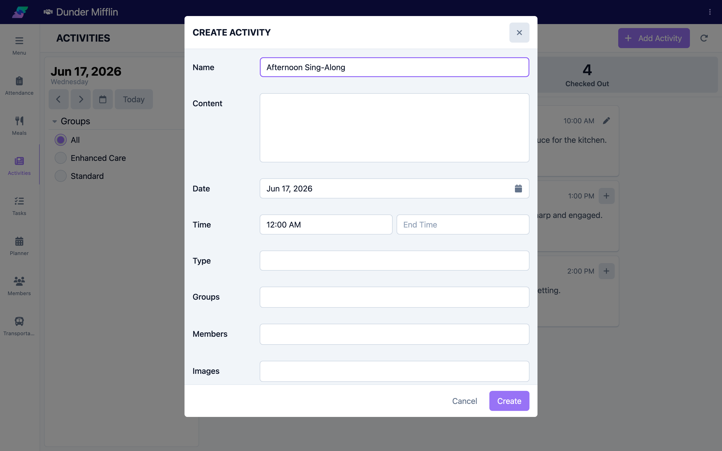 Activity form with name, date, and time fields