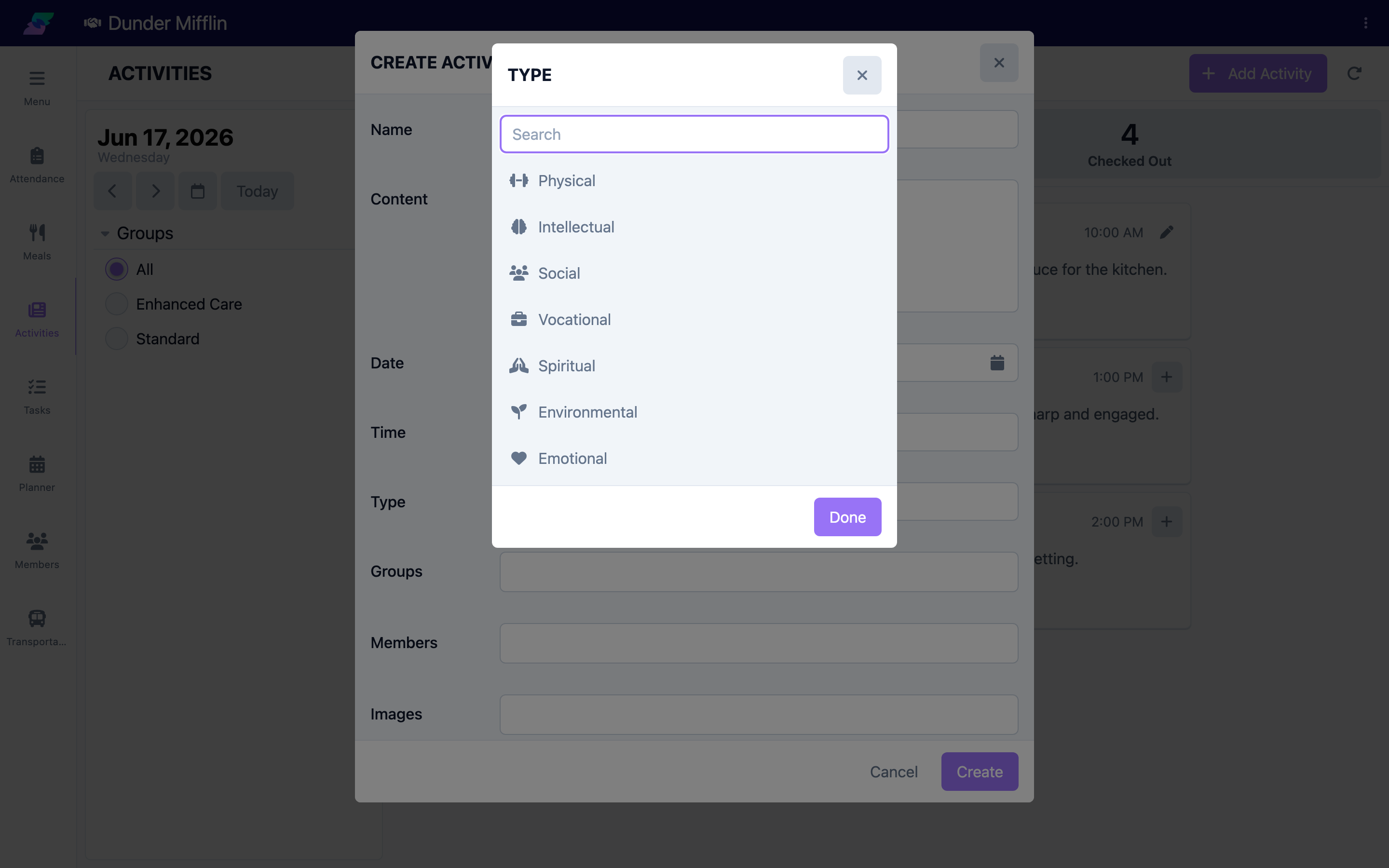 Activity form Type selector