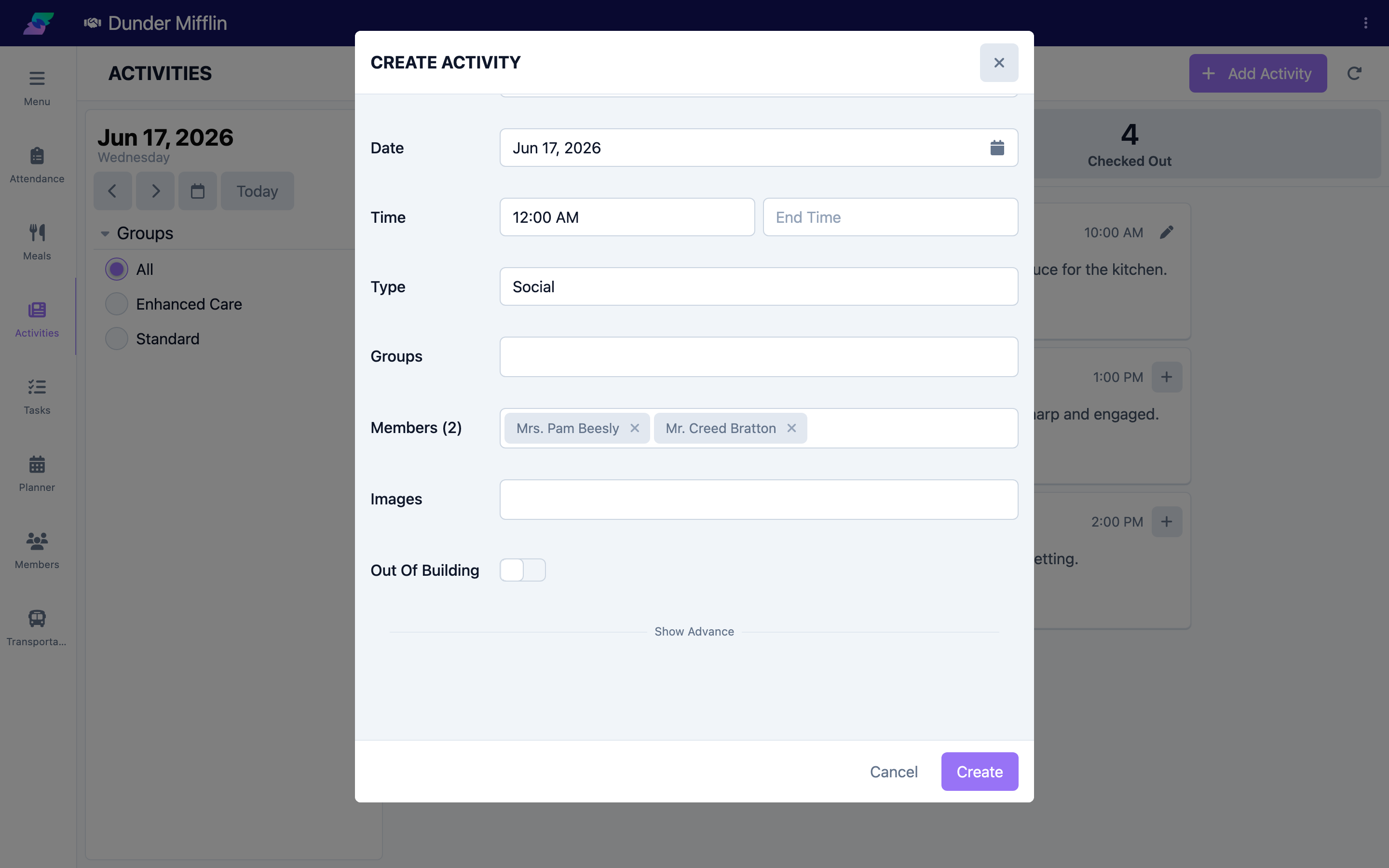 Images upload and Out of Building toggle on the activity form