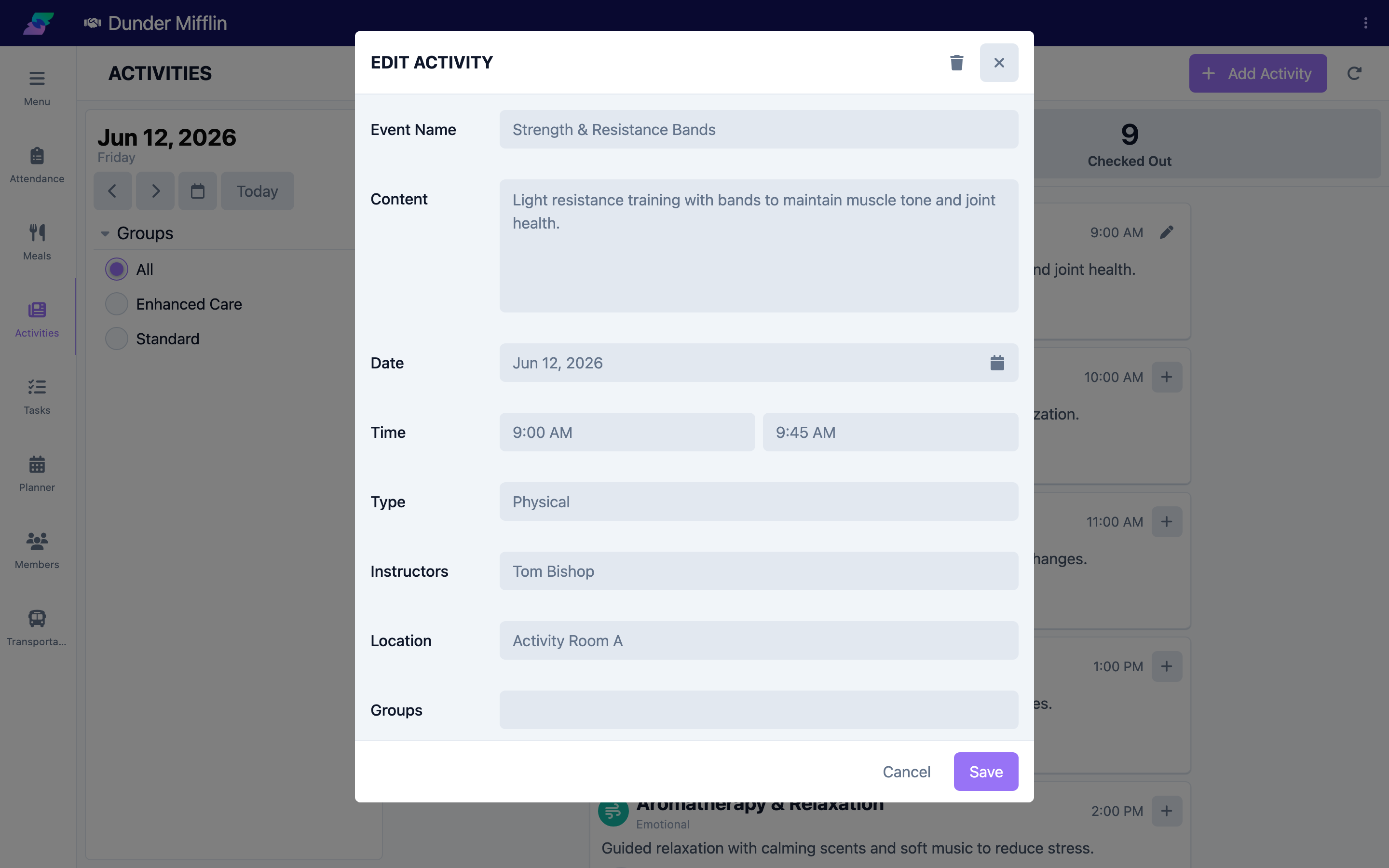 Activity card details for a past date