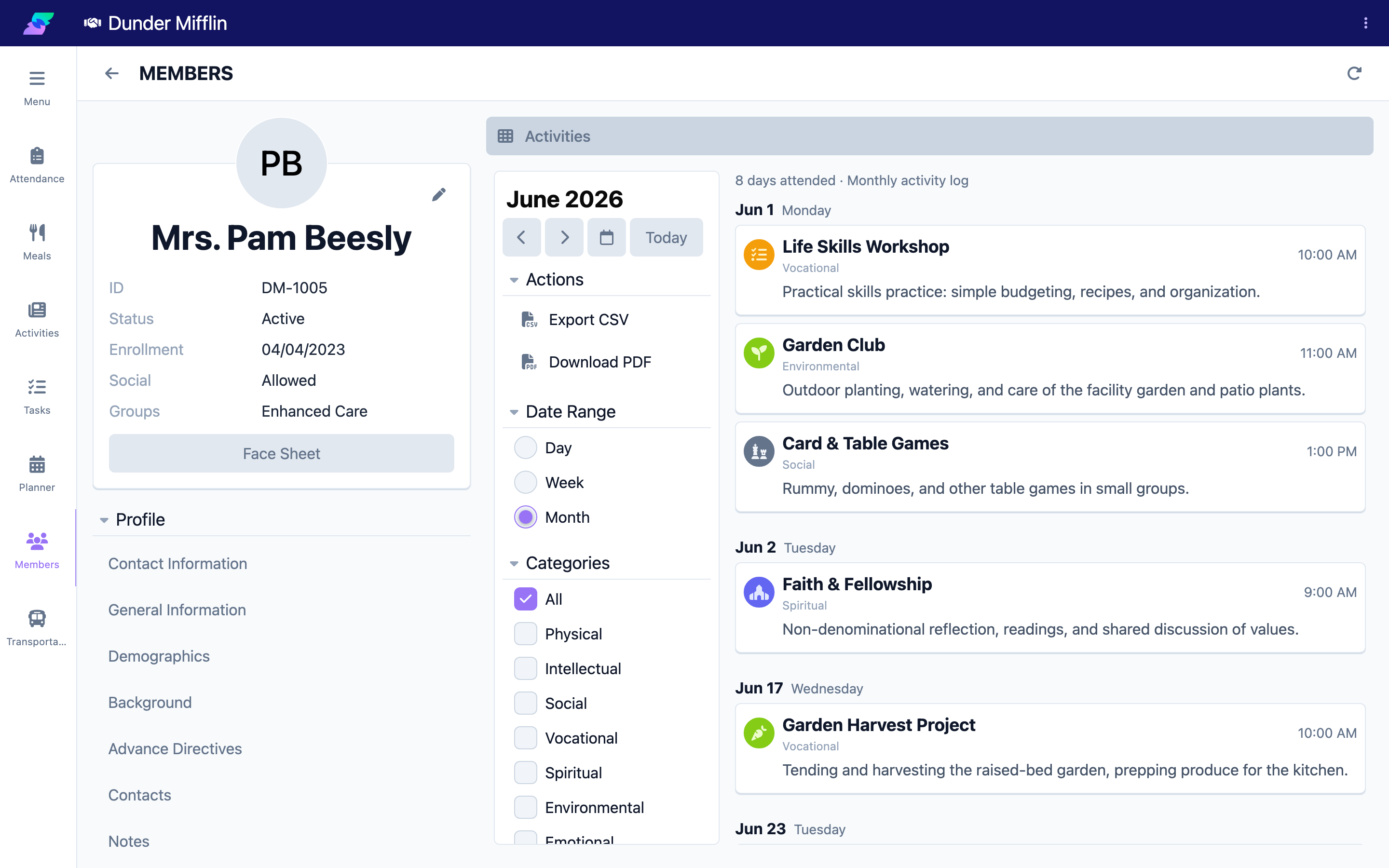 Member record Activities tab