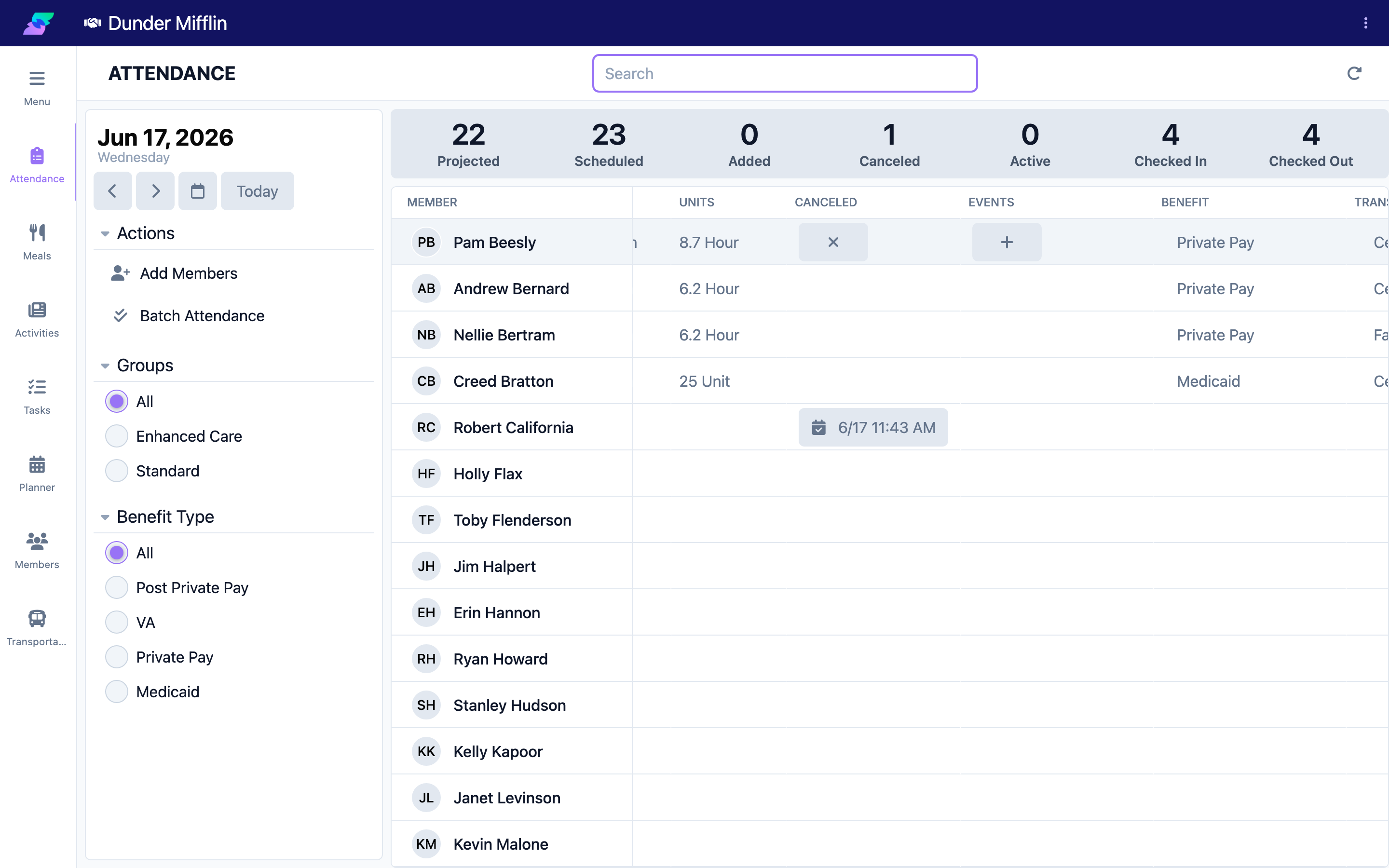 Events column with the add button