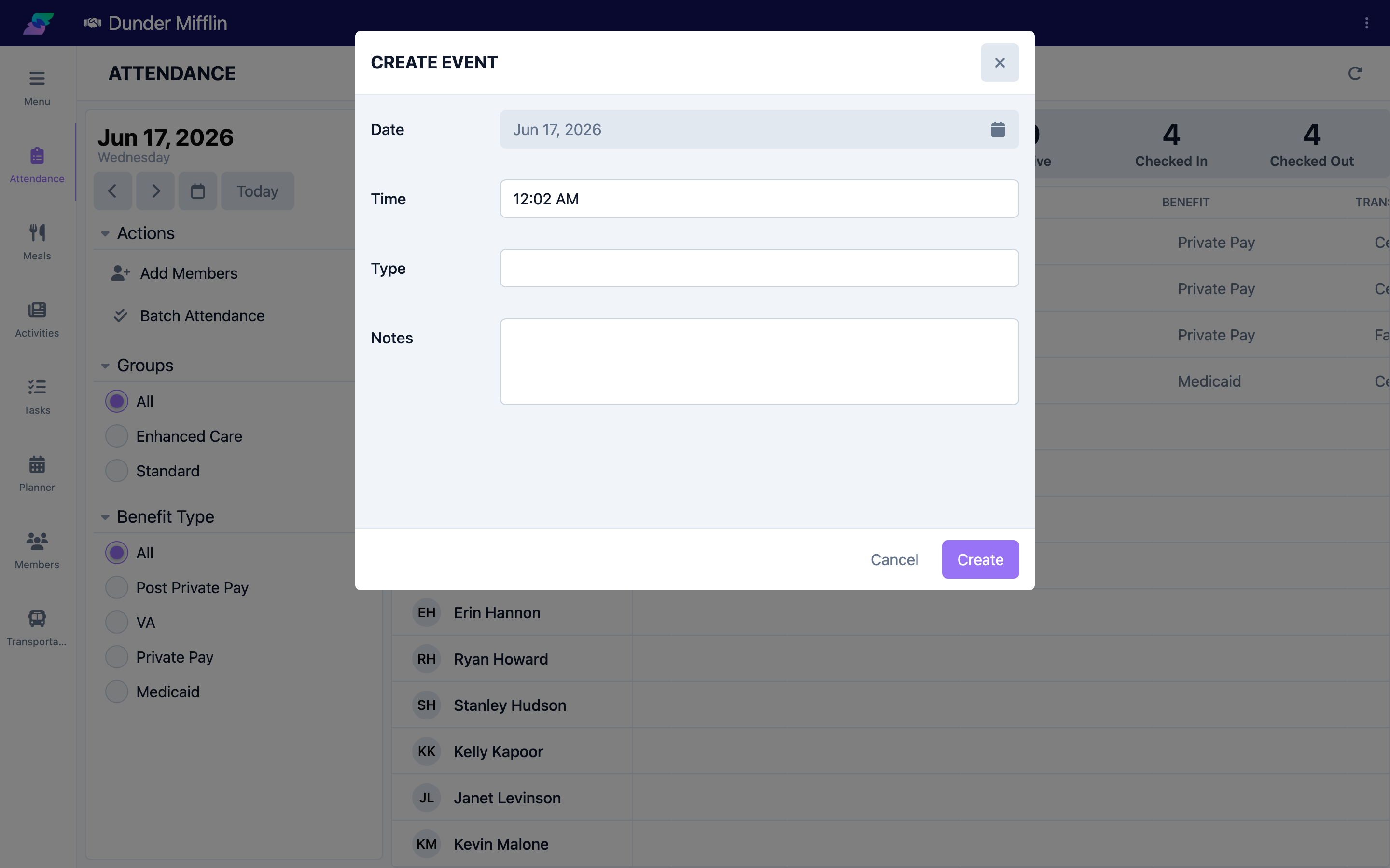 Event form showing Time and Type fields