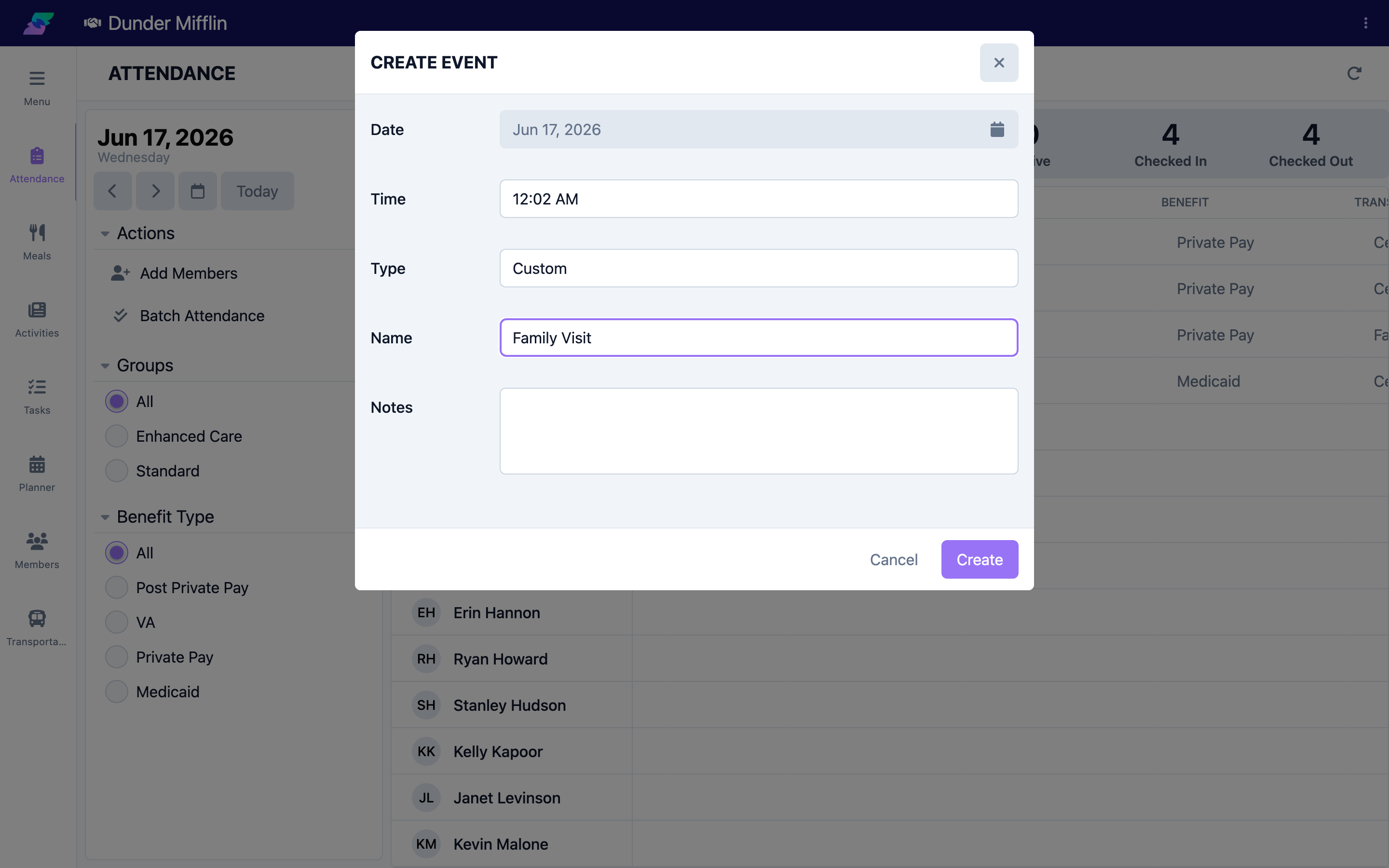 Event form with Name and Notes fields