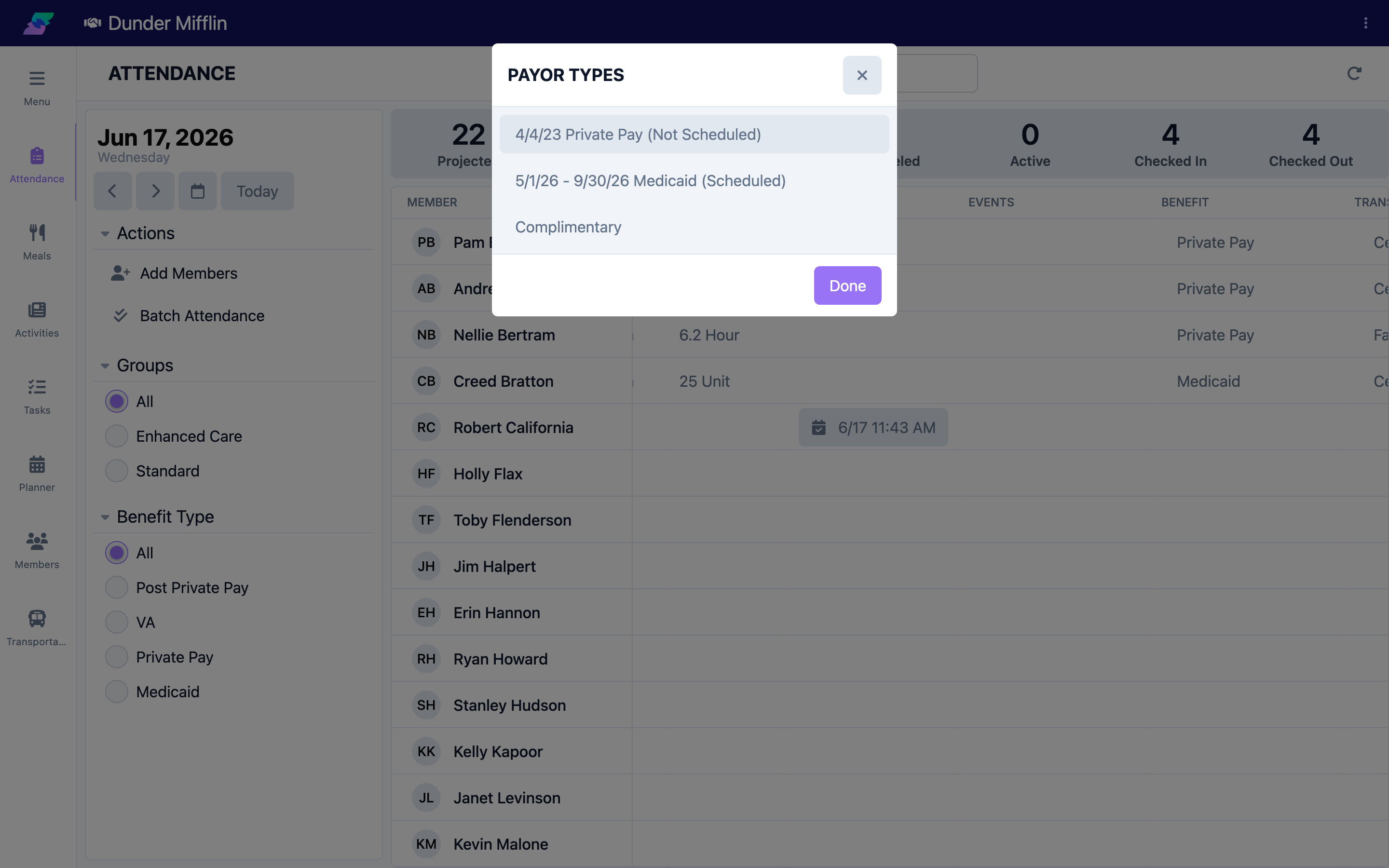 Payor Types window listing the member's benefits and Comp