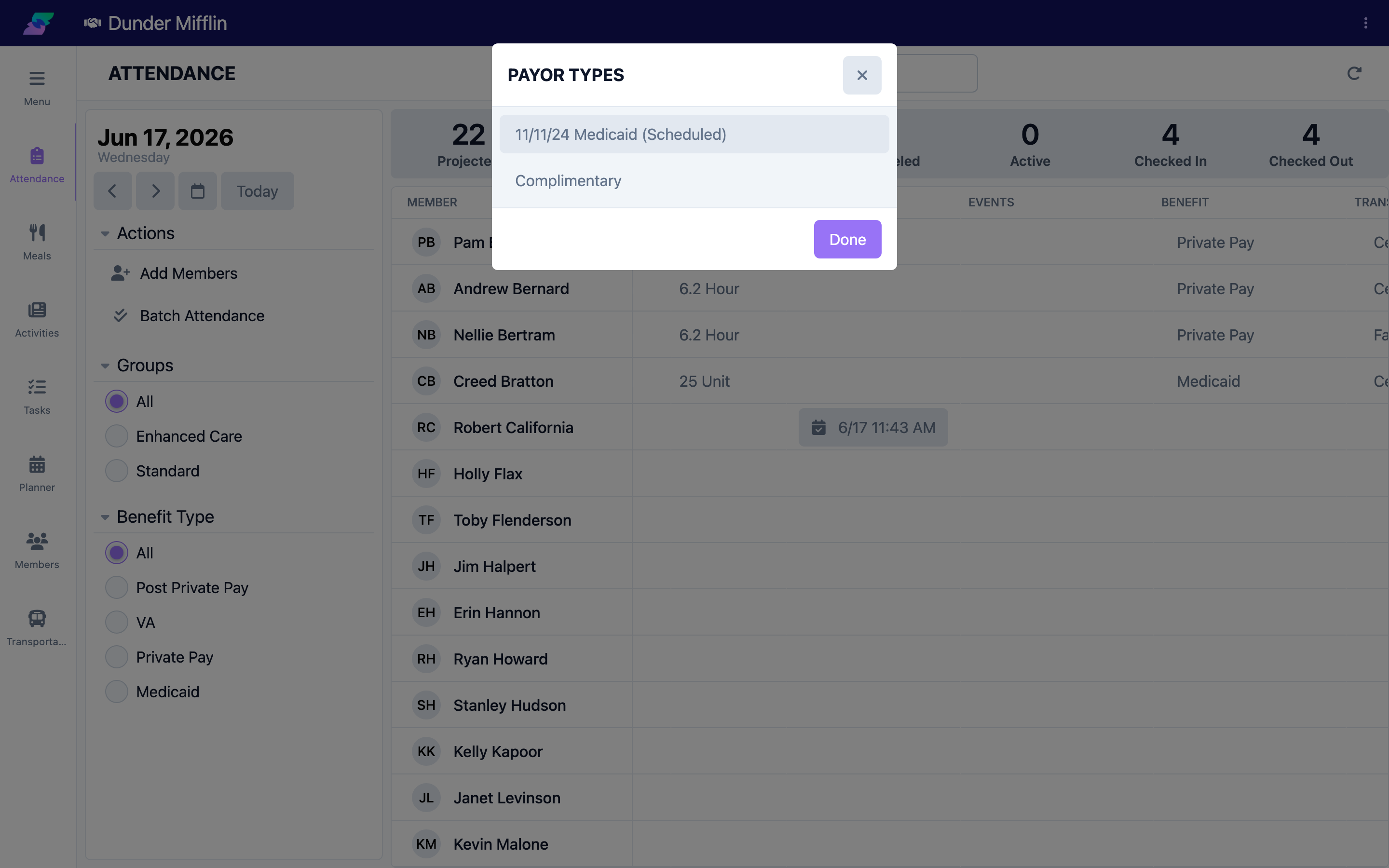 Selecting a benefit from the Payor Types list