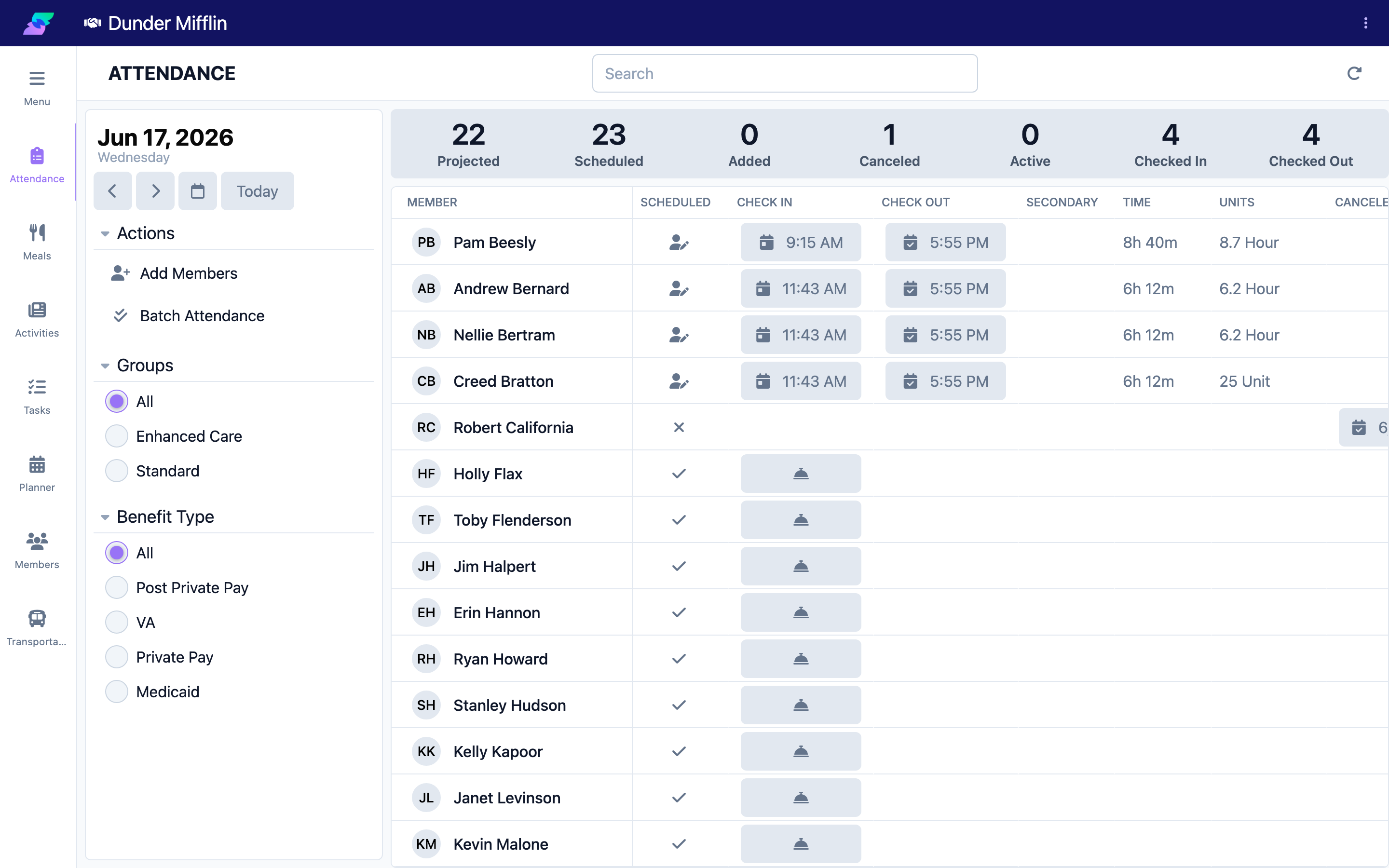 Attendance page with the date selector