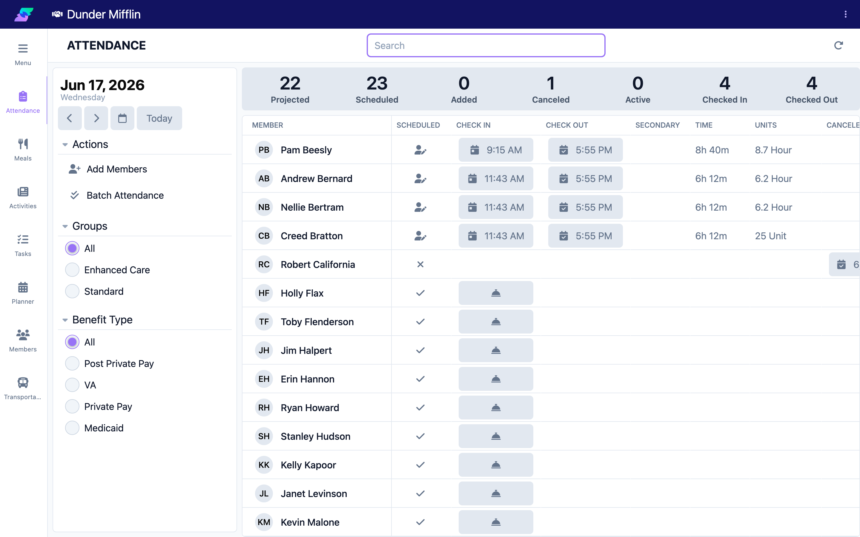 Check In column with the check-in button