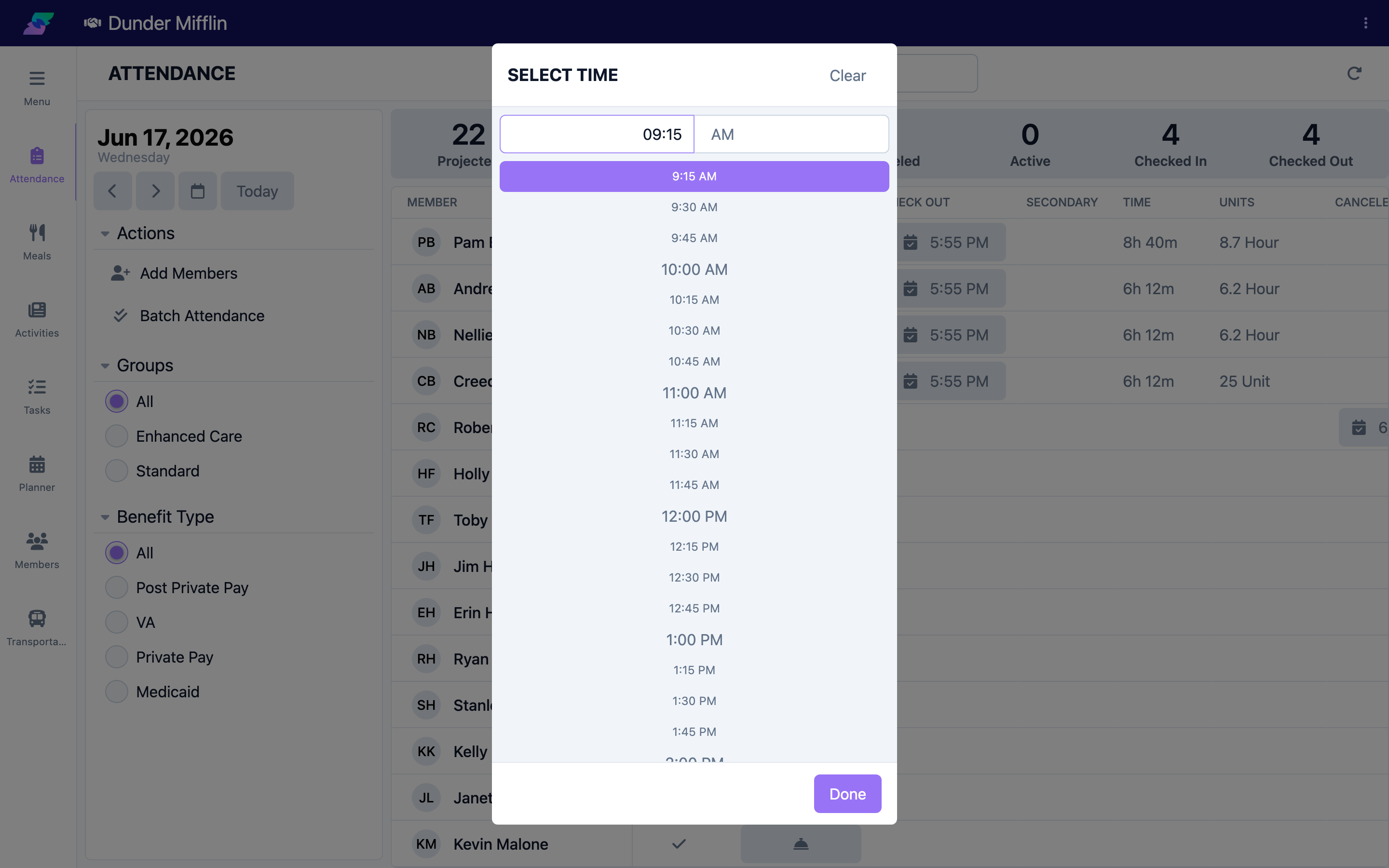 Select Time picker for the check-in time