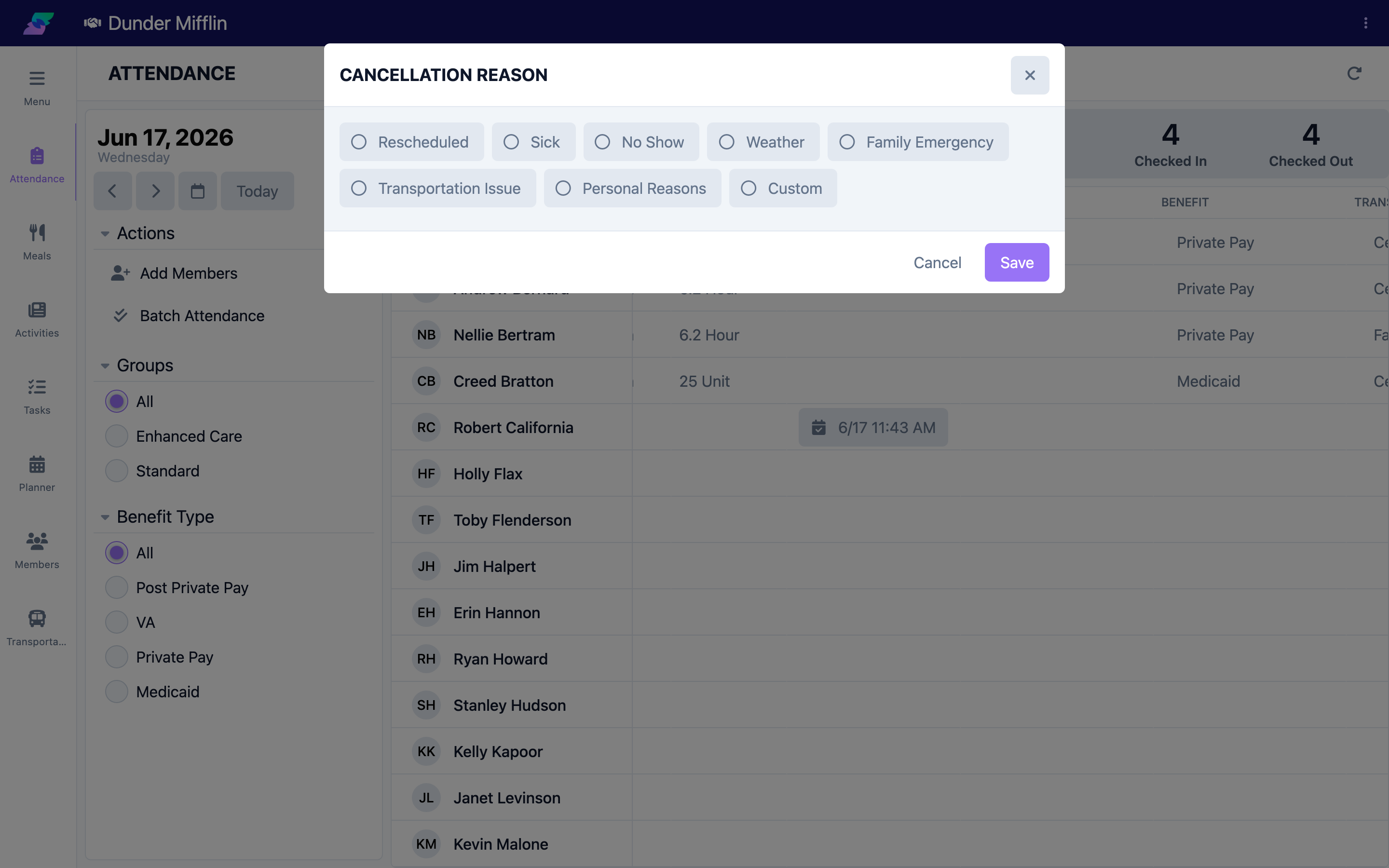 Cancellation Reason window with configured reasons