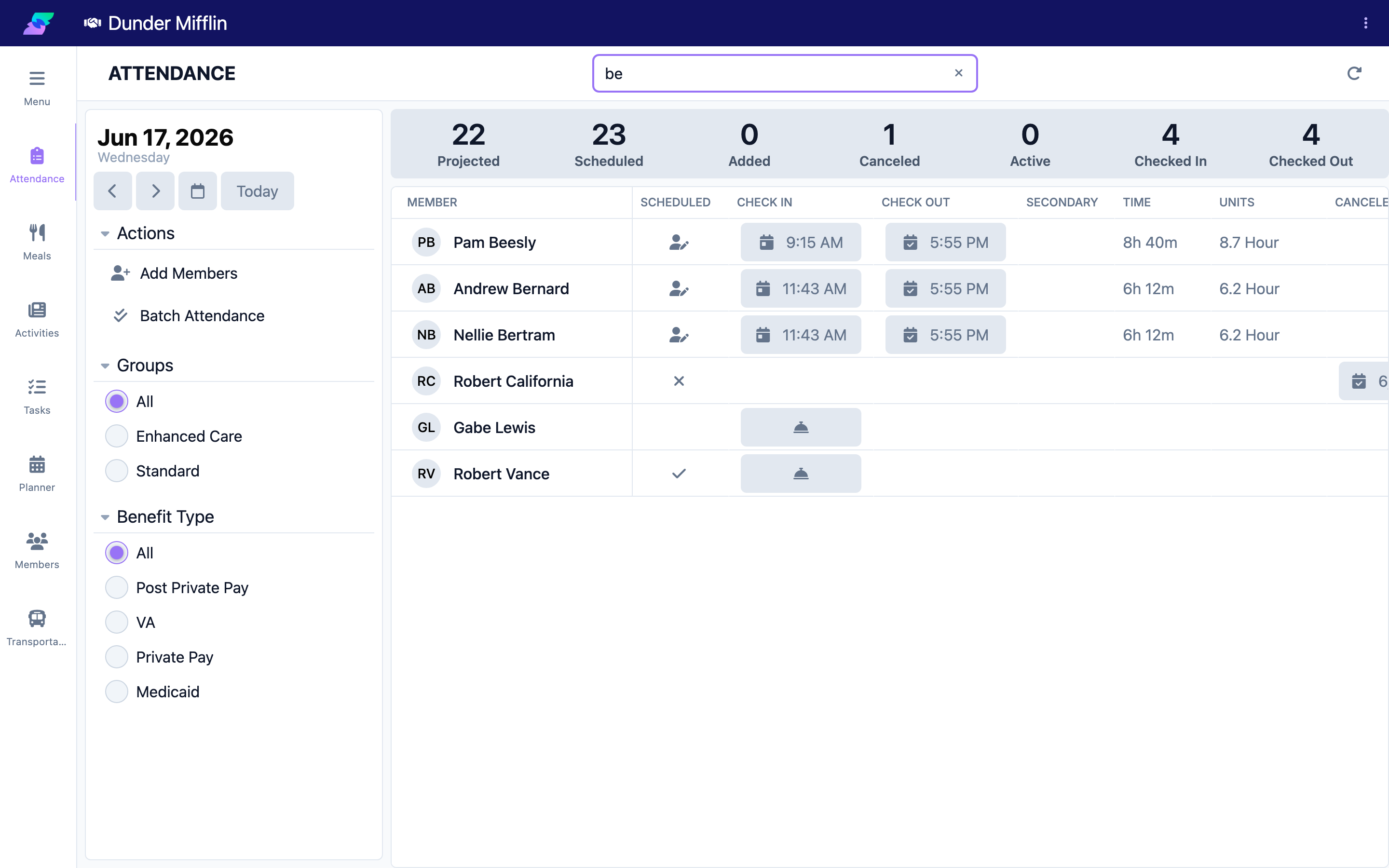 Filtering the attendance list by typing in the search box