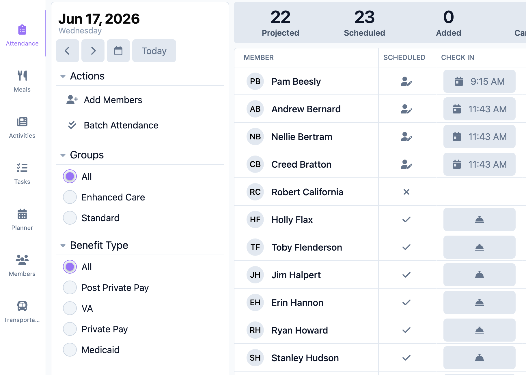 The left panel with the date selector, Actions, and the Groups and Benefit Type filters