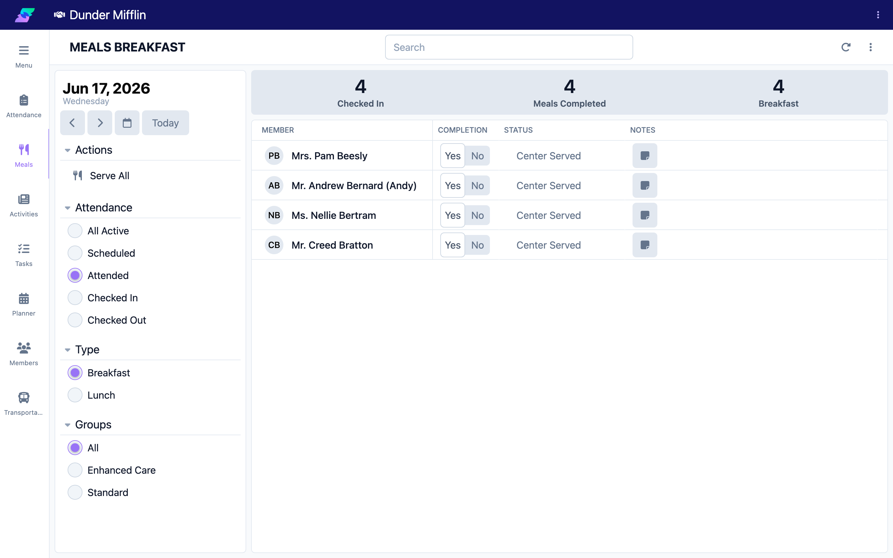 Meals page with the meal Type selector