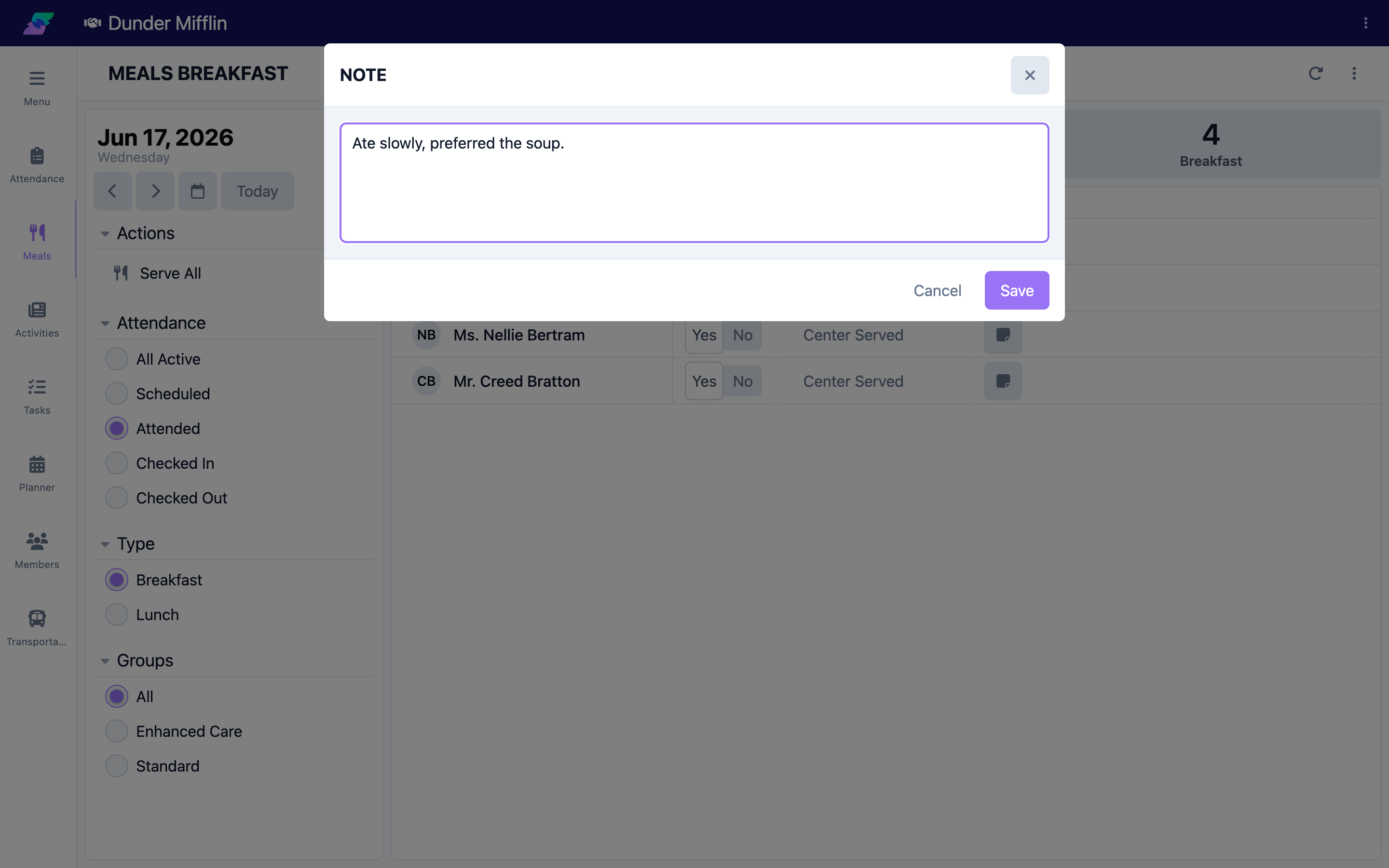 Note window with text entered