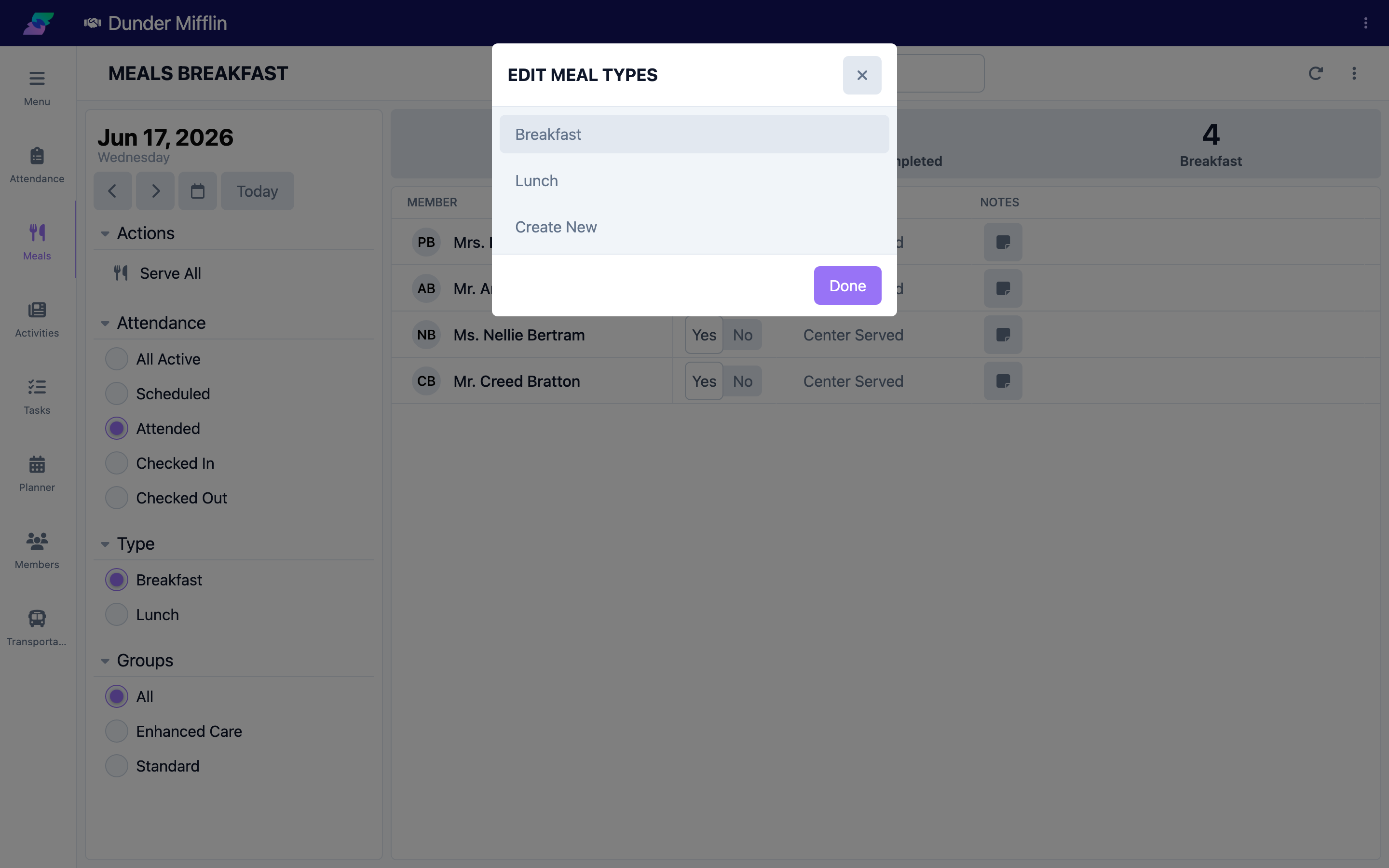 Edit Meal Types list with the Create New option