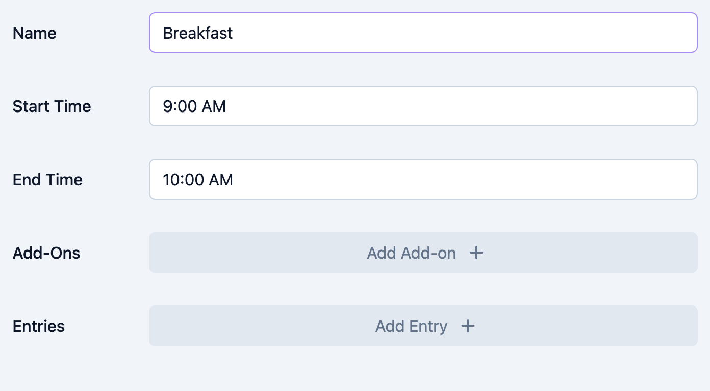 Meal Type form with Name, Start Time, and End Time
