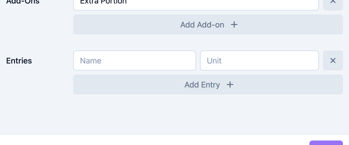 Entries section with name and unit fields