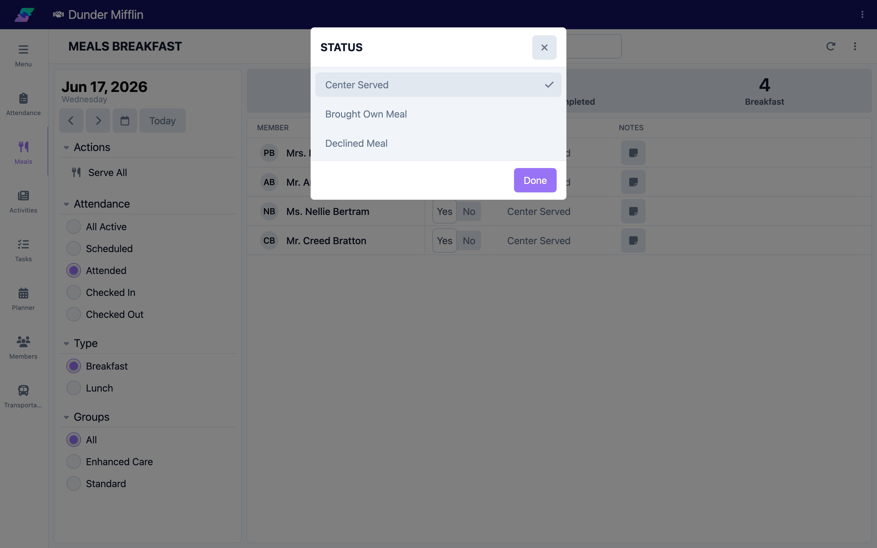 Status list with configured meal statuses